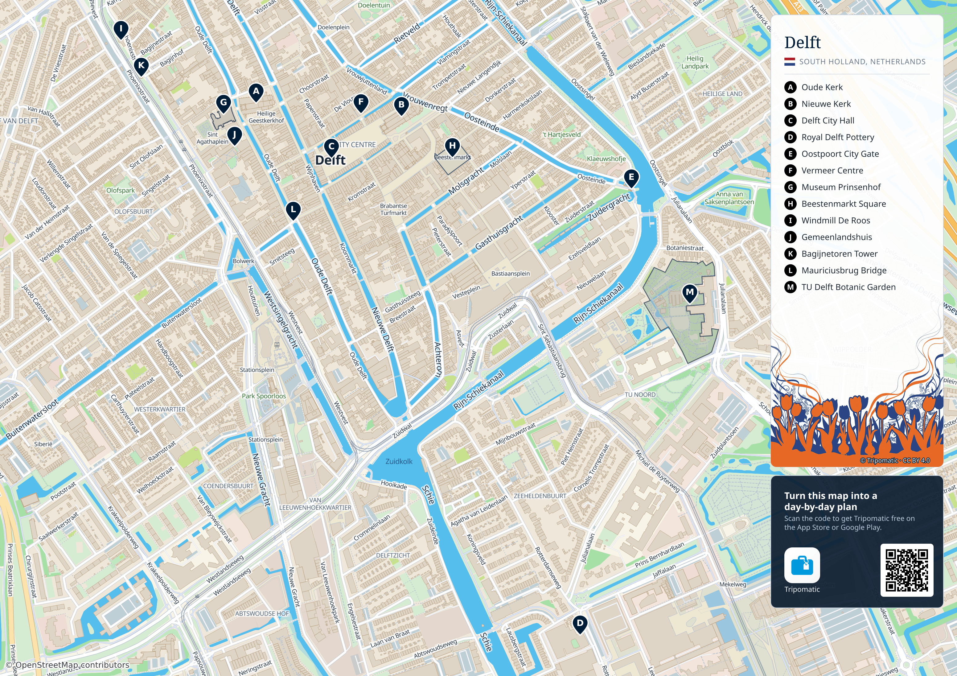 Delft – printable tourist map with numbered top attractions