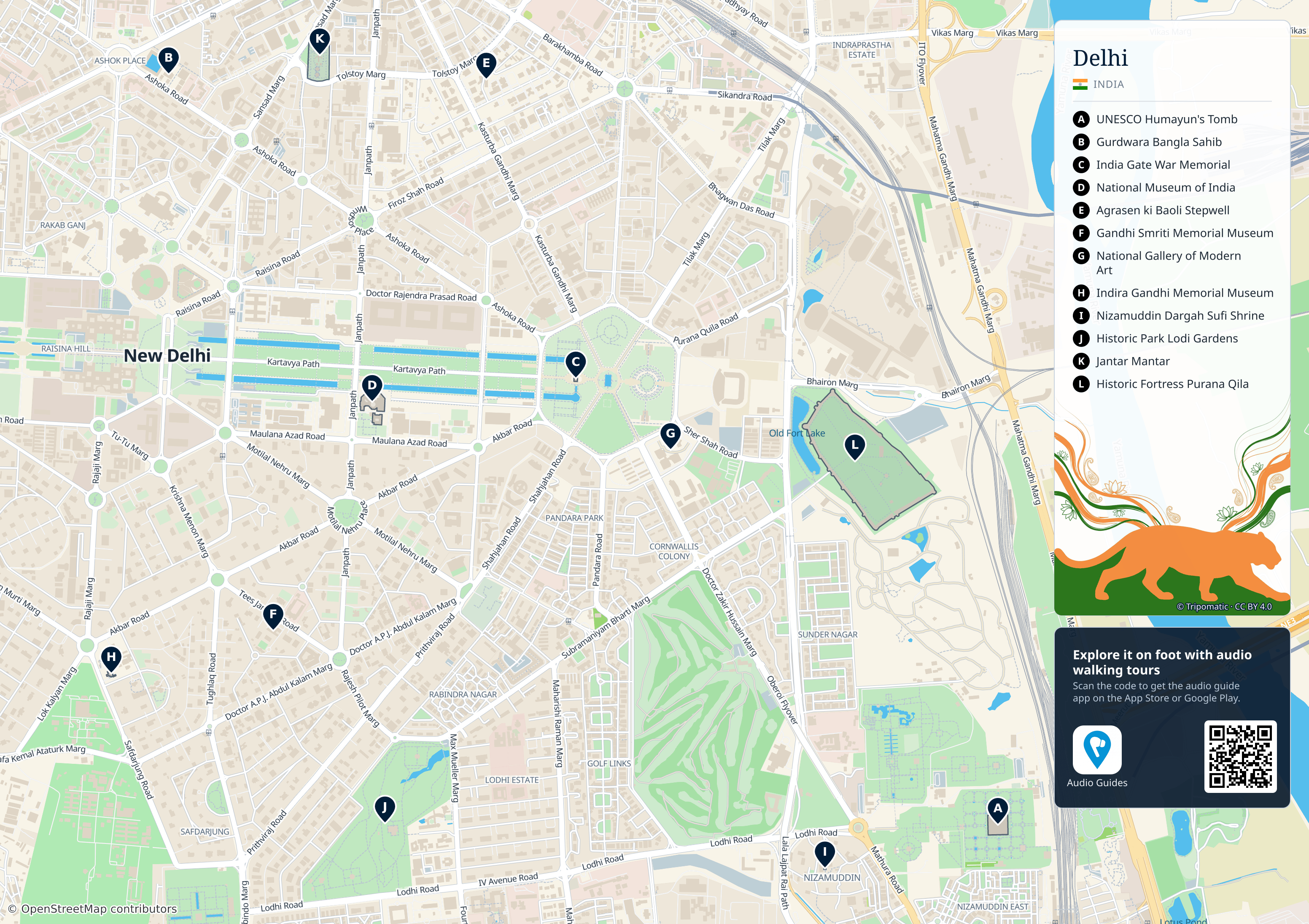 Delhi – printable tourist map with numbered top attractions