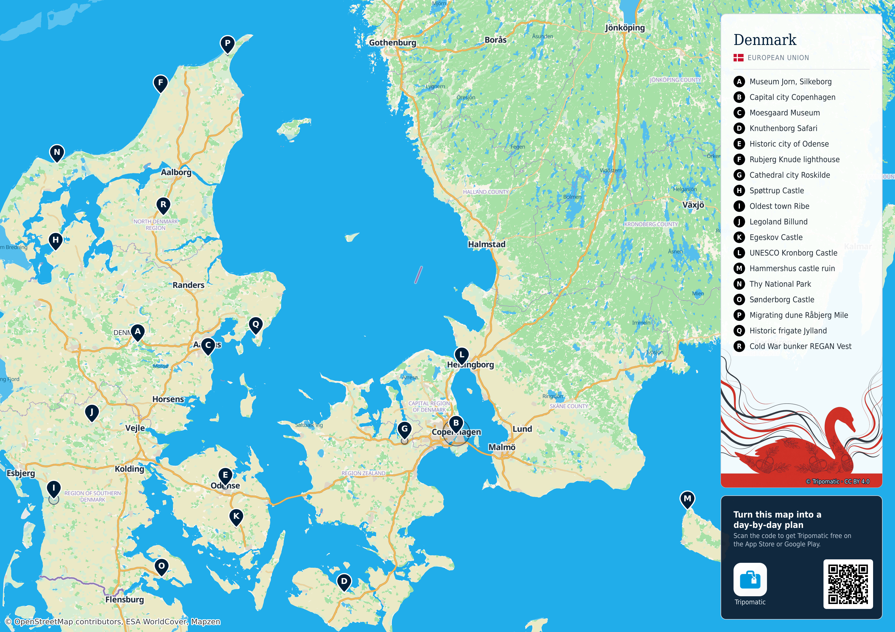Denmark – printable tourist map with numbered top attractions