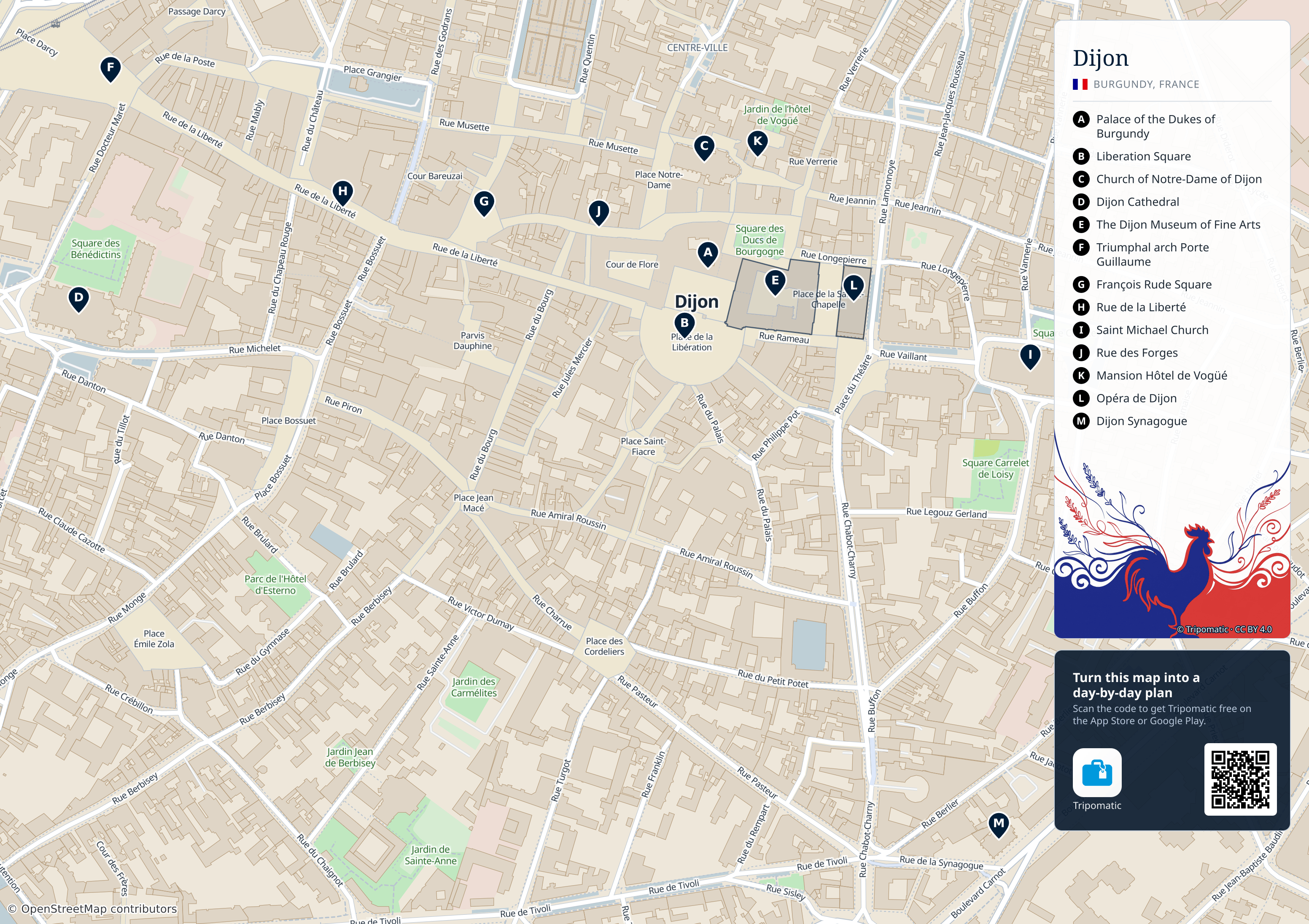 Dijon – printable tourist map with numbered top attractions