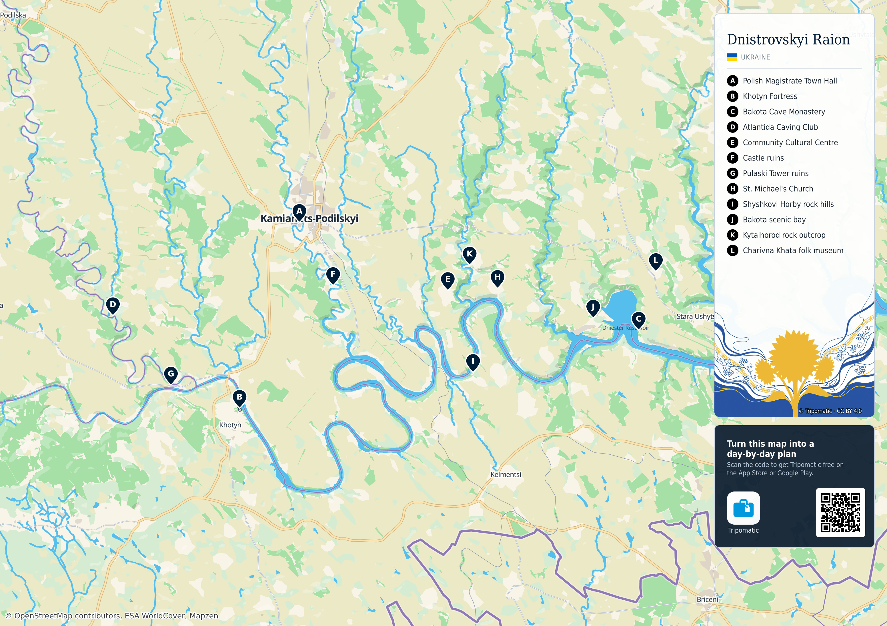 Dnistrovskyi Raion – printable tourist map with numbered top attractions