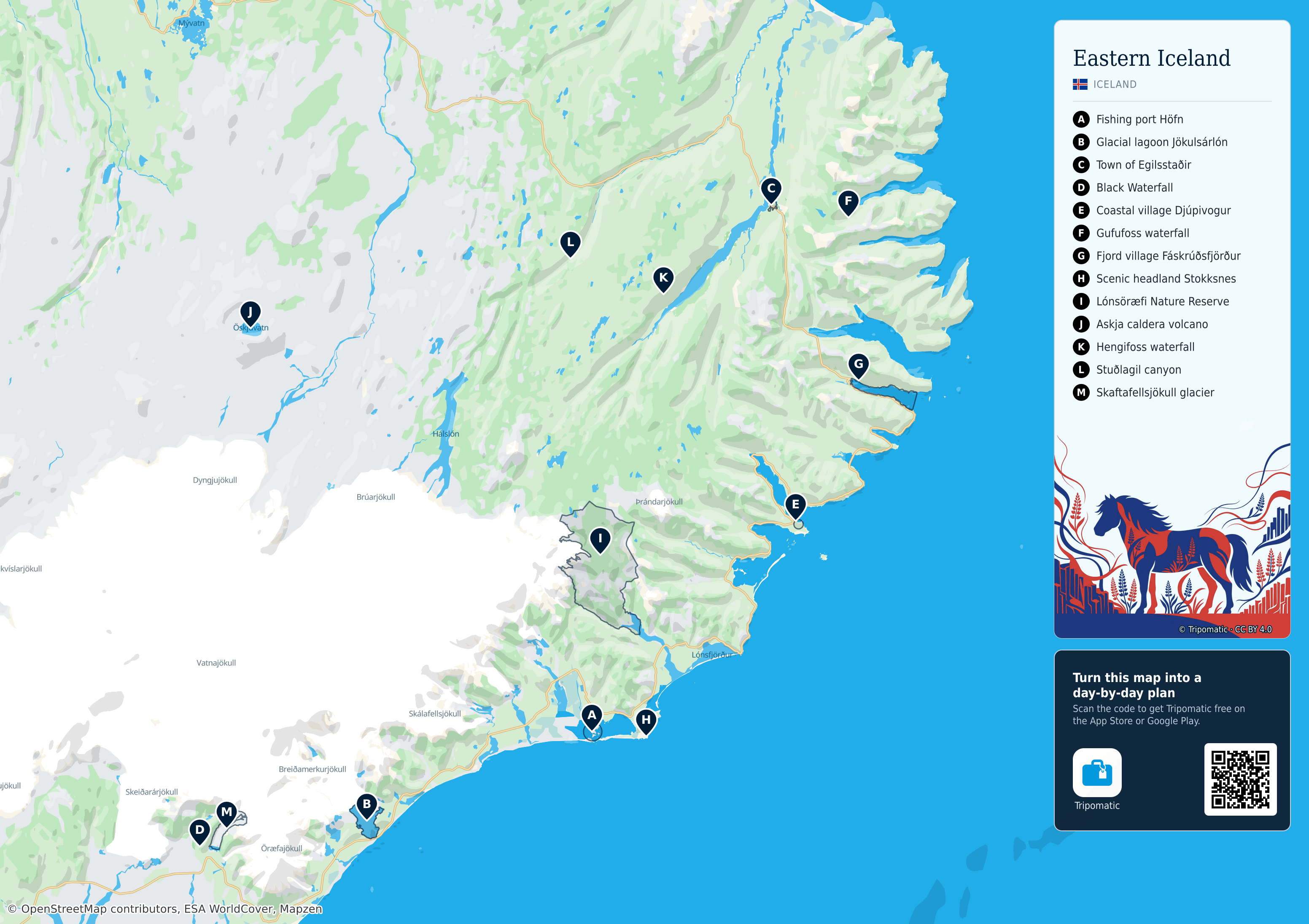 Eastern Iceland – printable tourist map with numbered top attractions