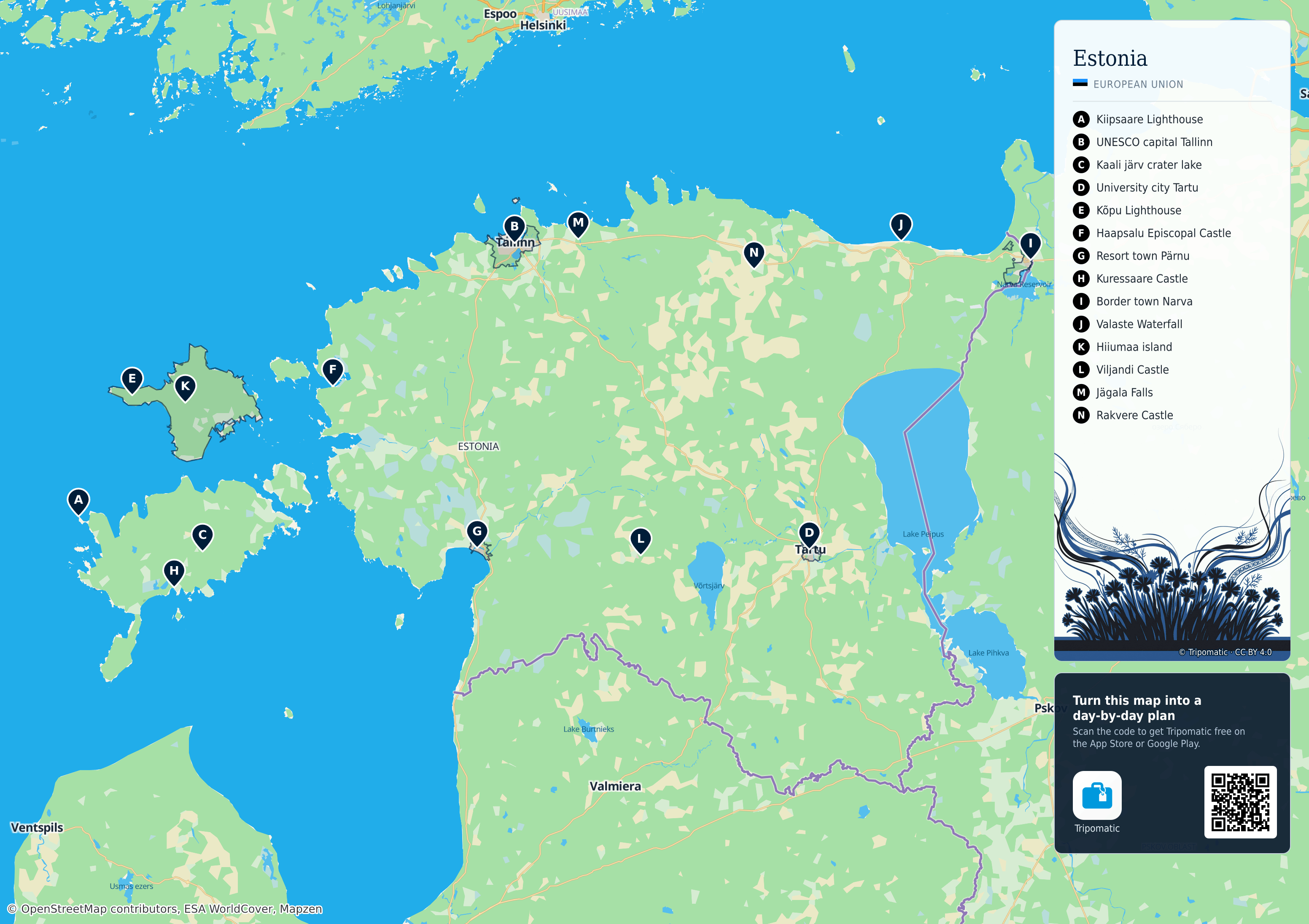 Estonia – printable tourist map with numbered top attractions