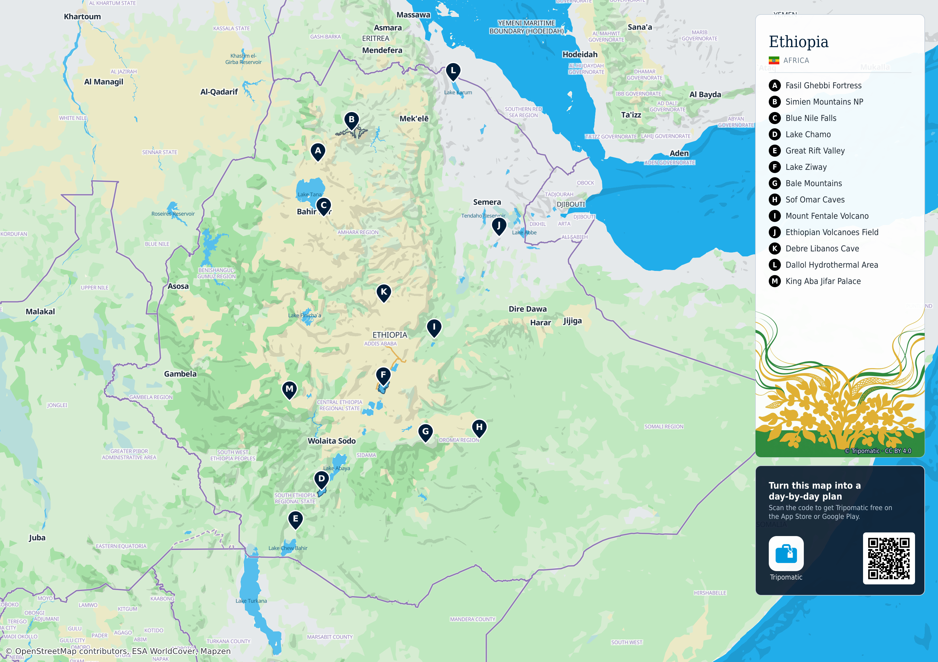 Ethiopia – printable tourist map with numbered top attractions