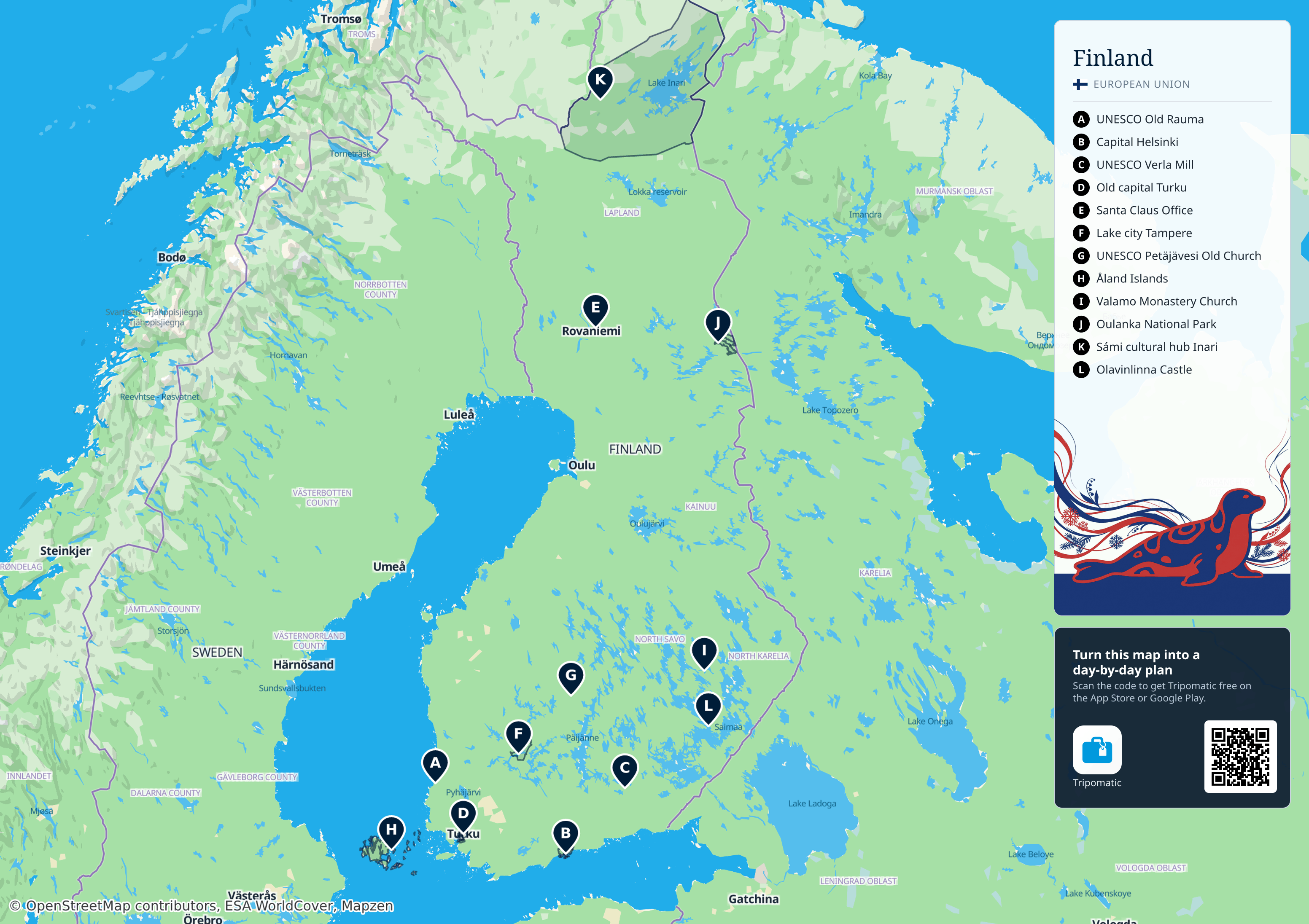 Finland – printable tourist map with numbered top attractions