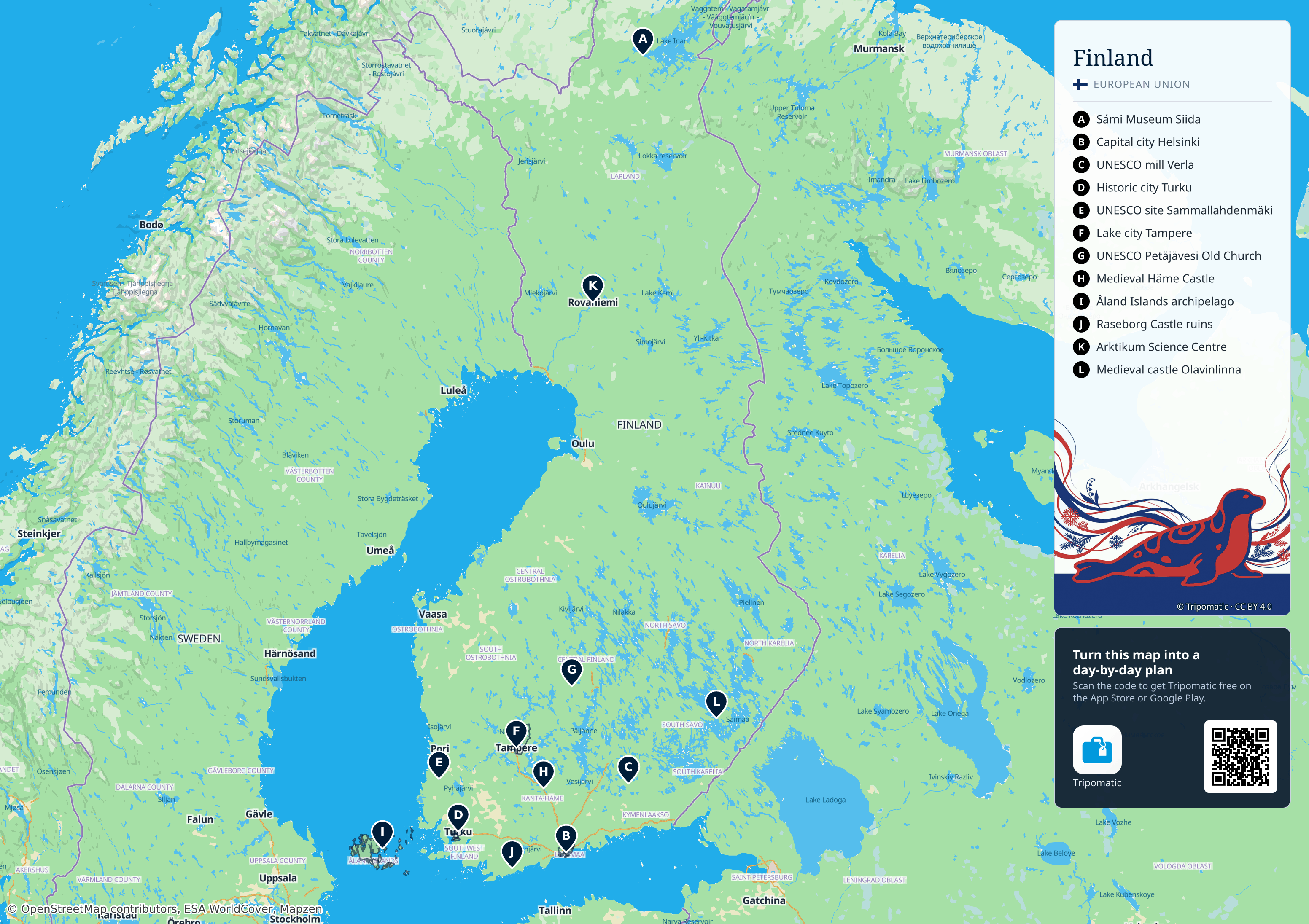 Finland – printable tourist map with numbered top attractions