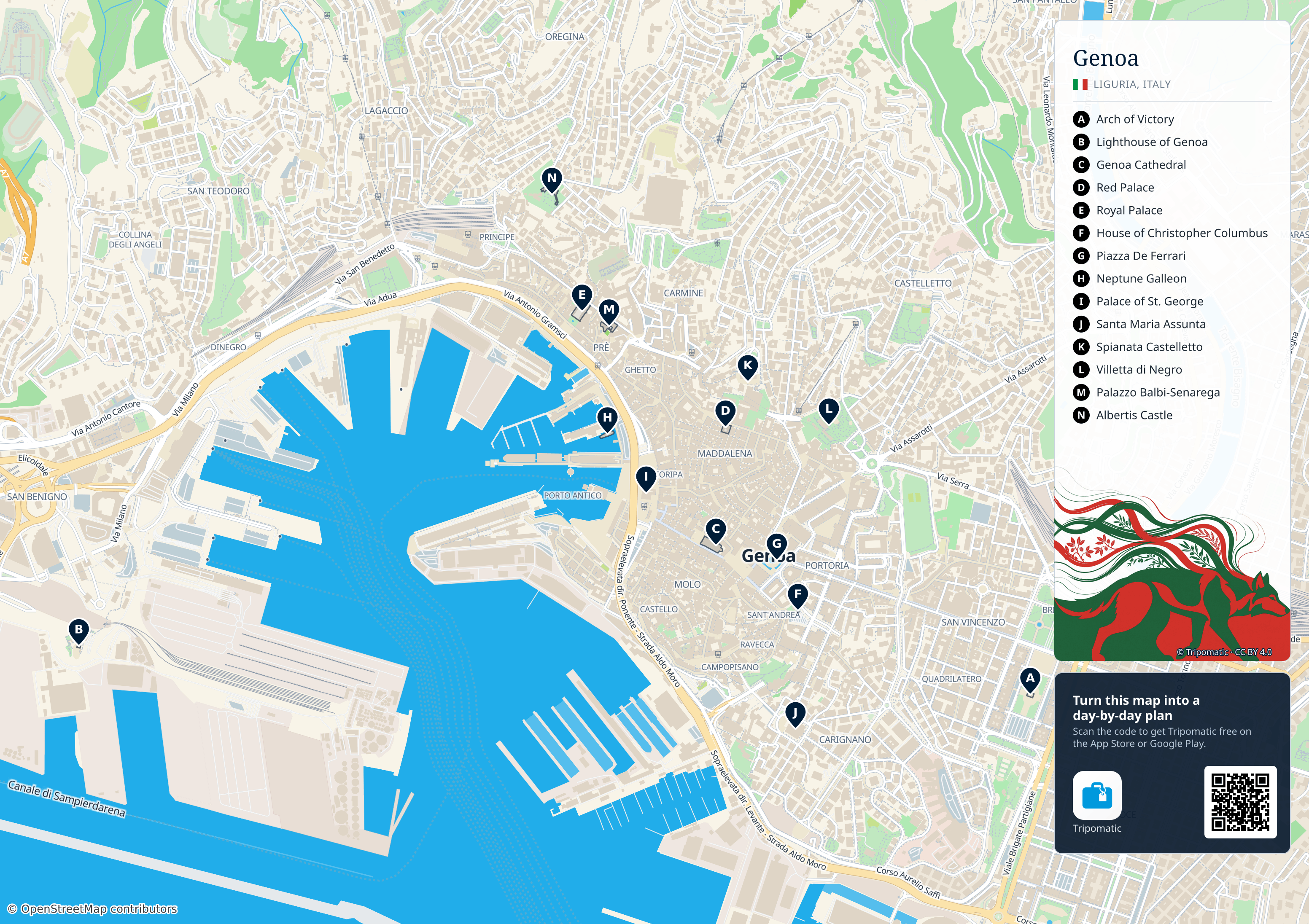 Genoa – printable tourist map with numbered top attractions