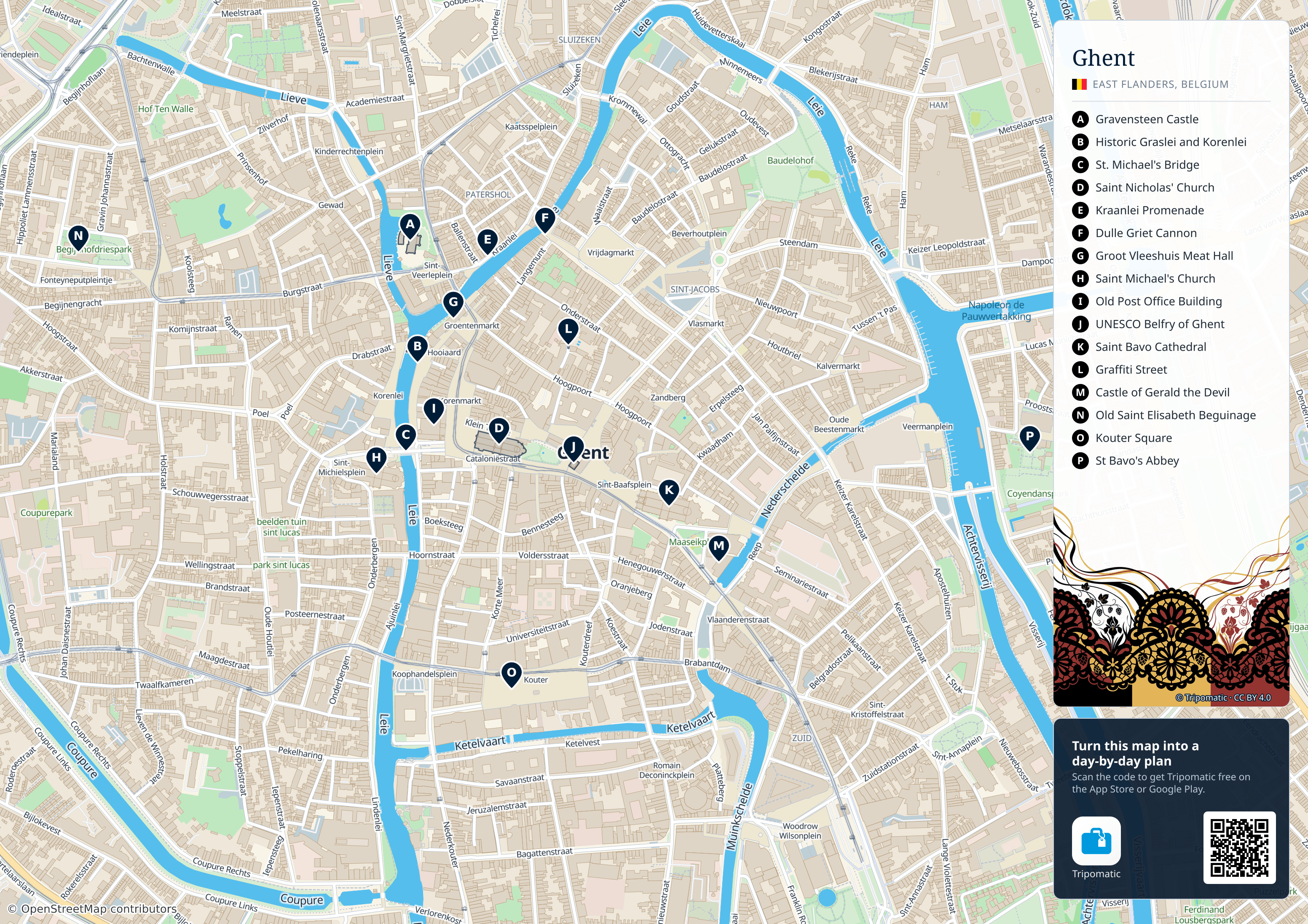 Ghent – printable tourist map with numbered top attractions