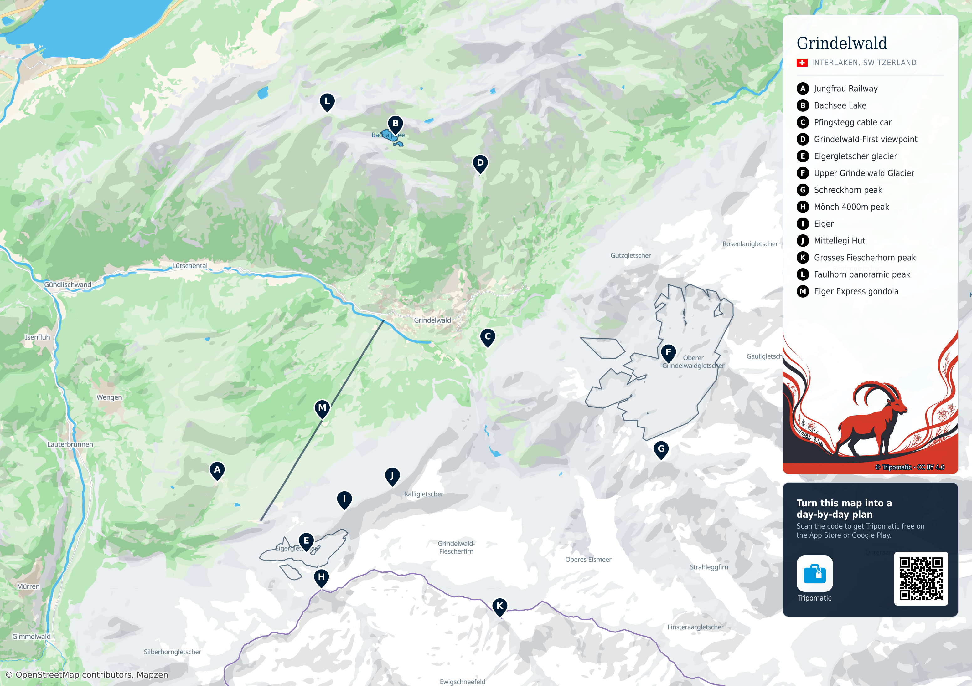 Grindelwald – printable tourist map with numbered top attractions