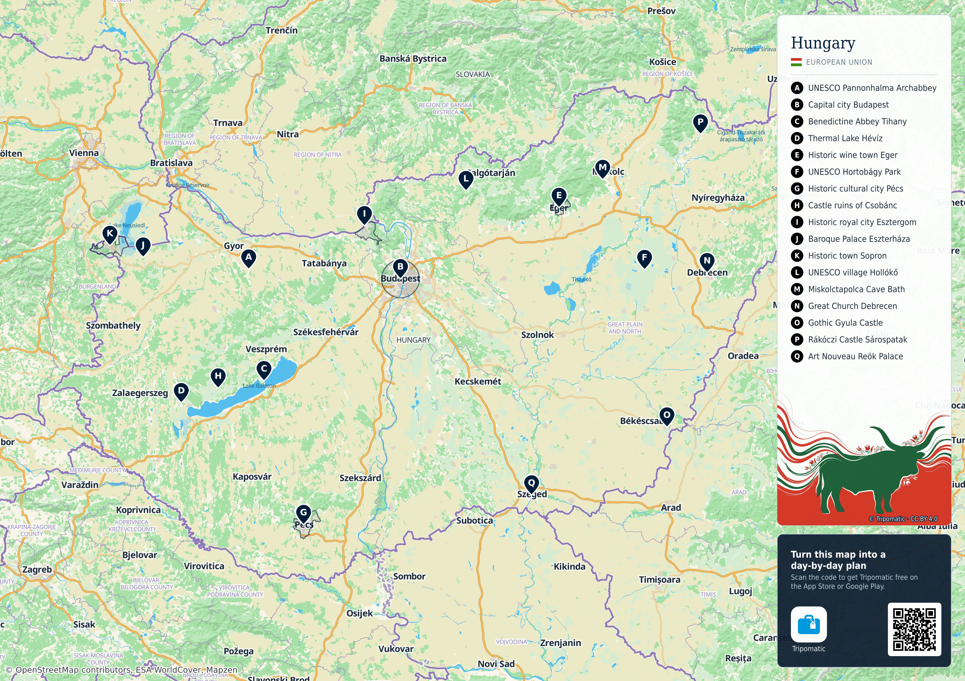 Hungary – printable tourist map with numbered top attractions