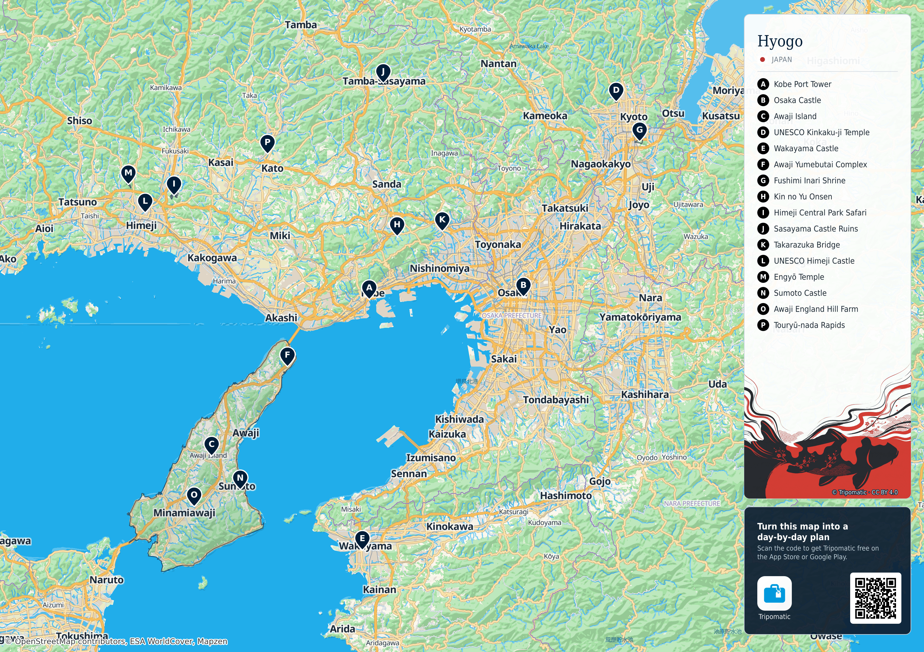 Hyogo Prefecture – printable tourist map with numbered top attractions