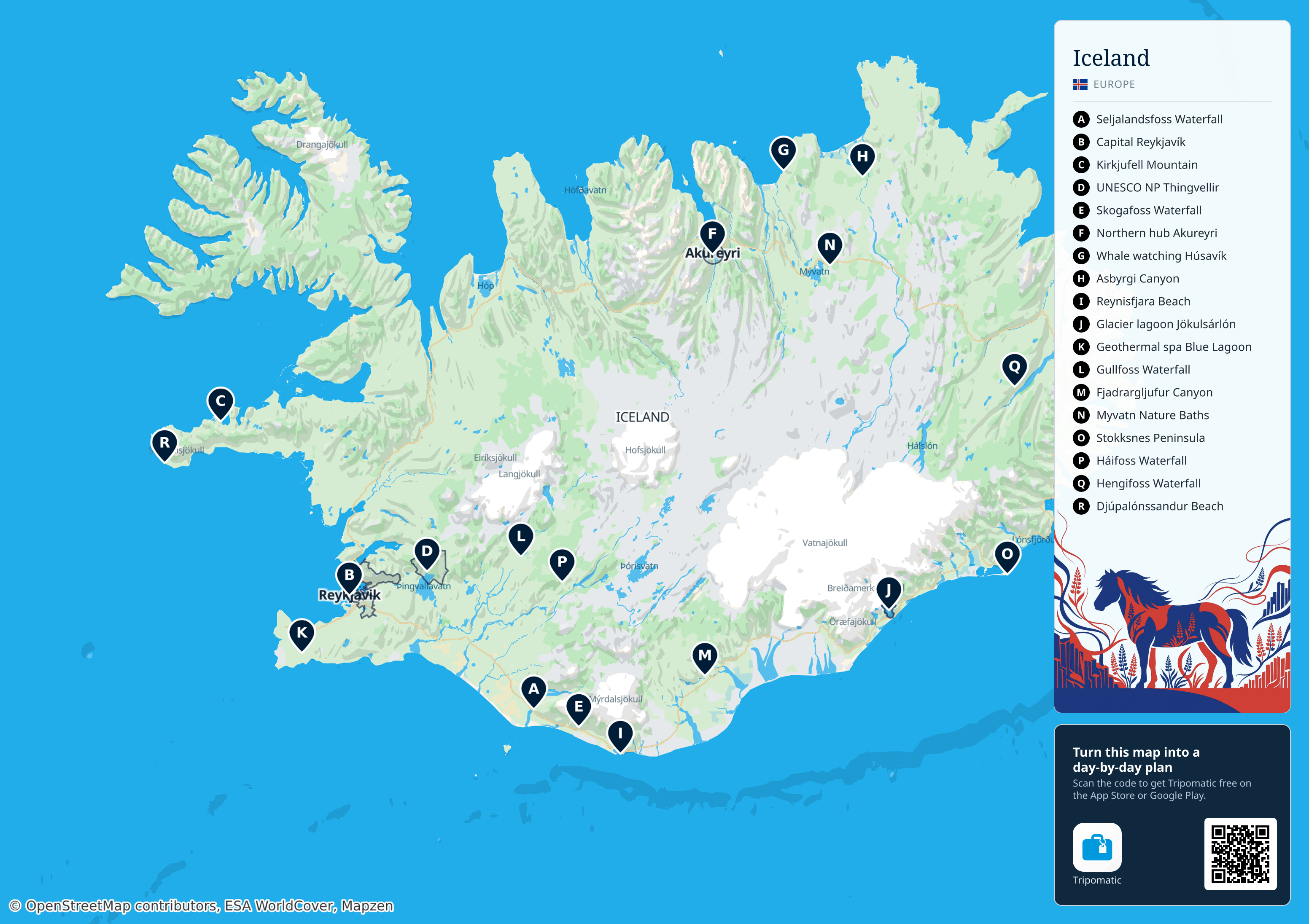 Iceland – printable tourist map with numbered top attractions