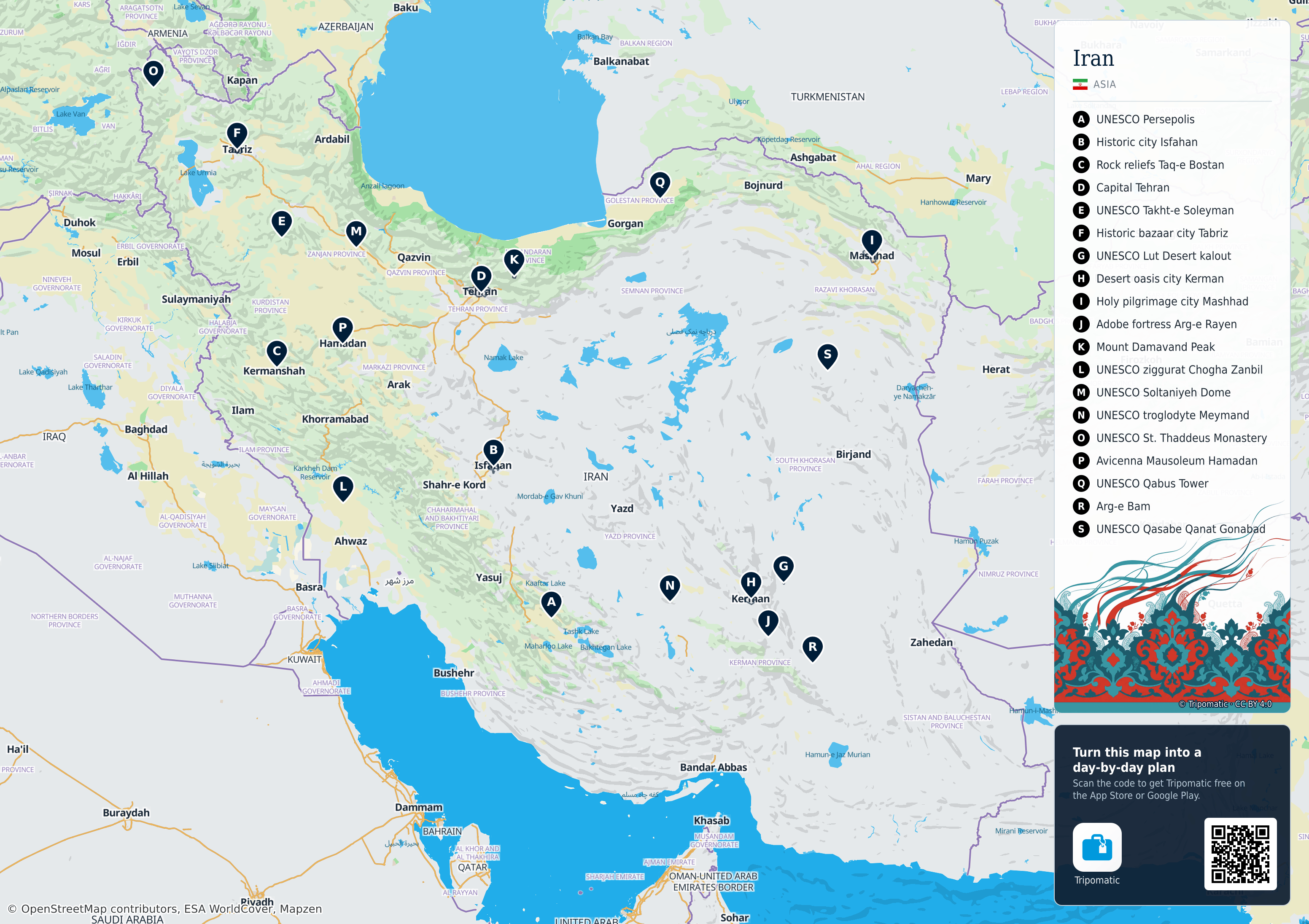 Iran – printable tourist map with numbered top attractions