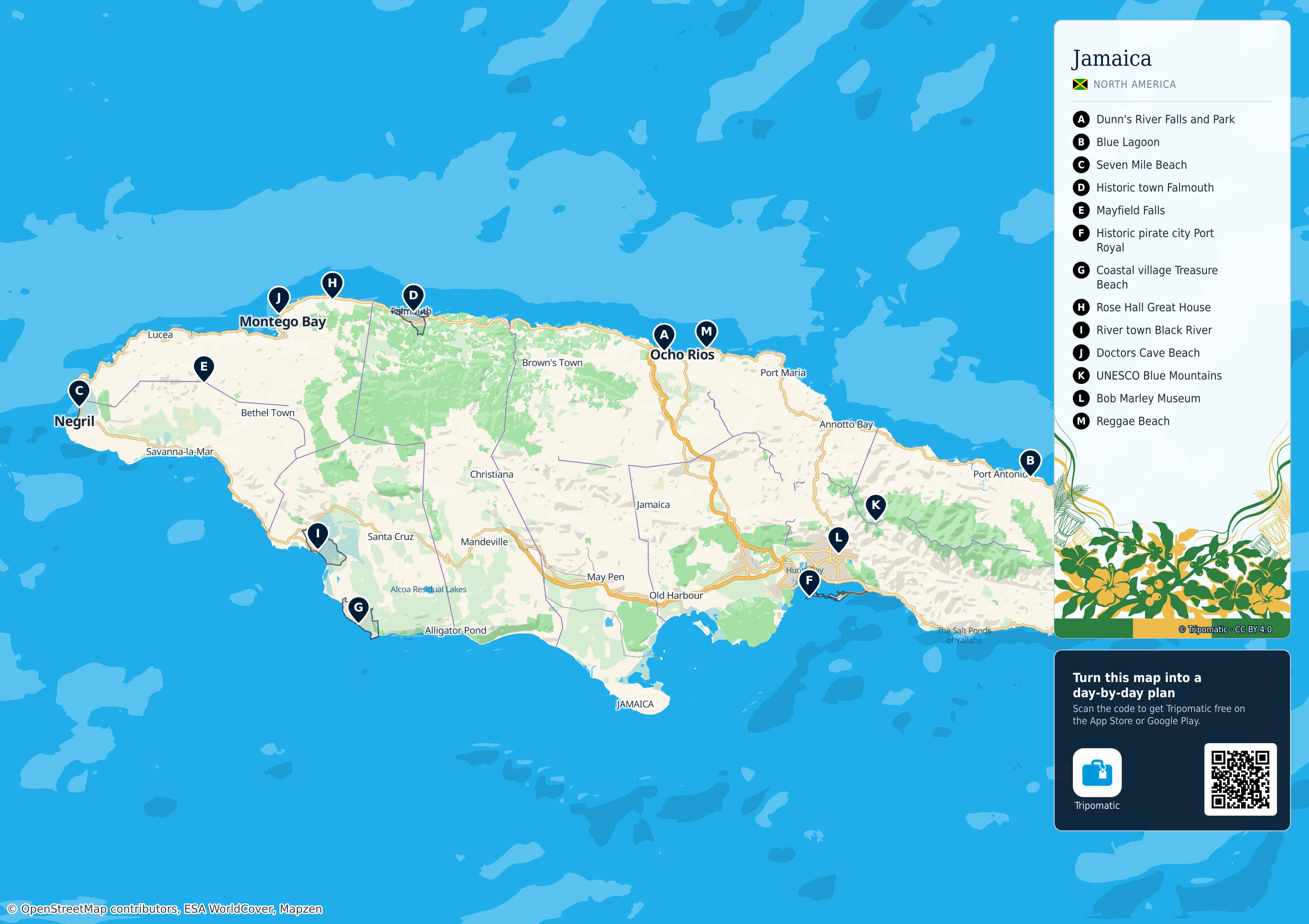 Jamaica – printable tourist map with numbered top attractions
