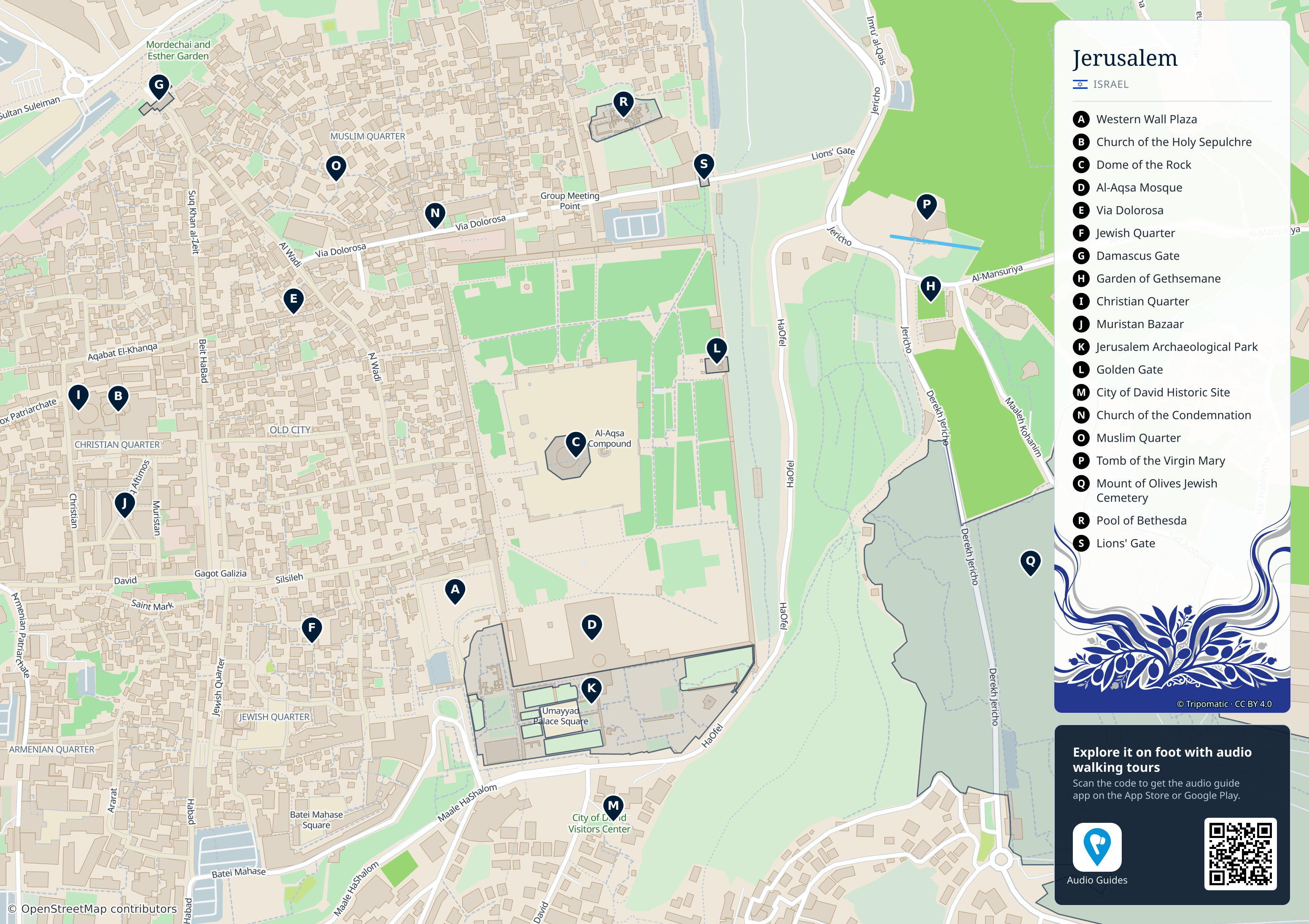 Jerusalem – printable tourist map with numbered top attractions