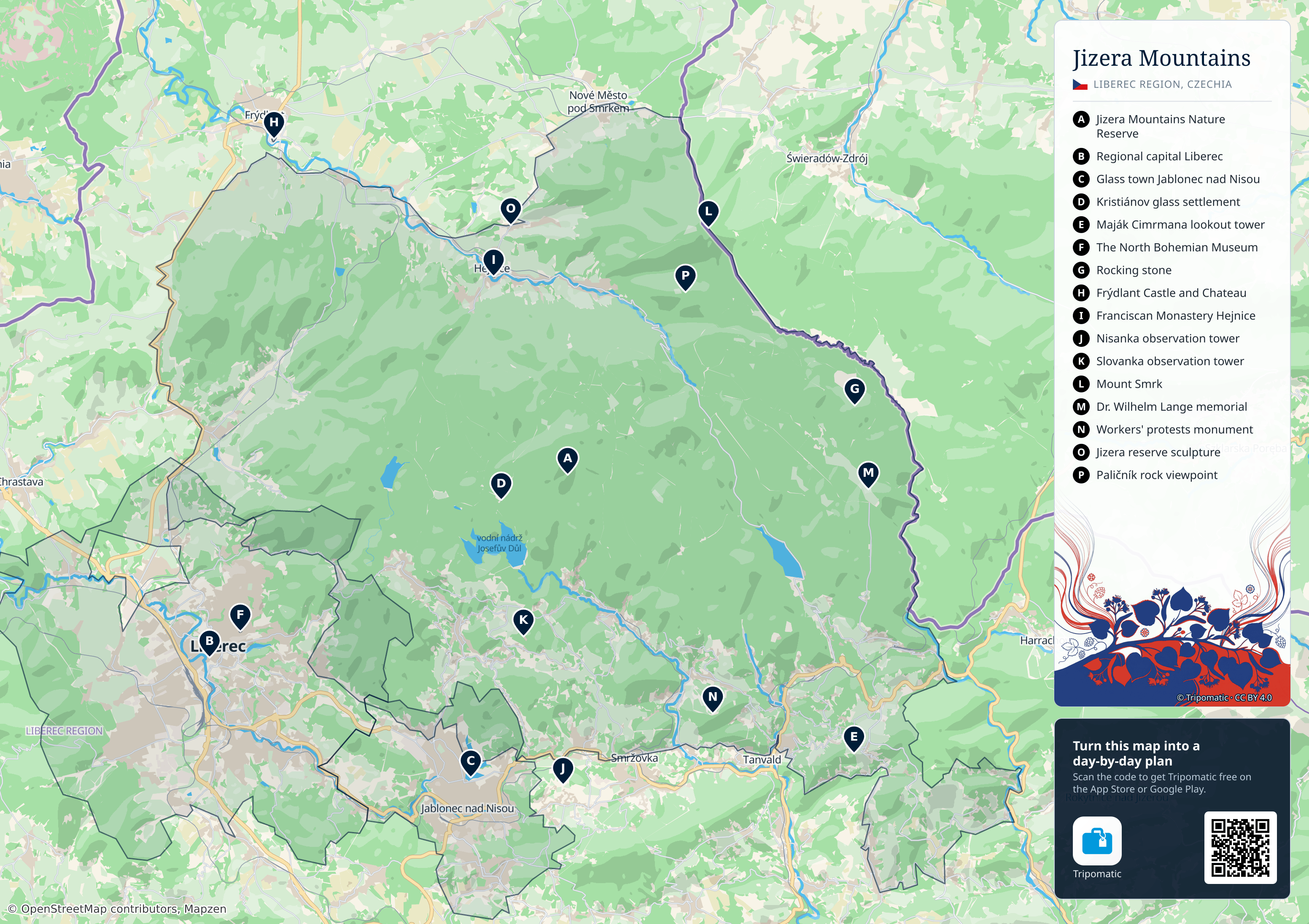 Jizera Mountains – printable tourist map with numbered top attractions