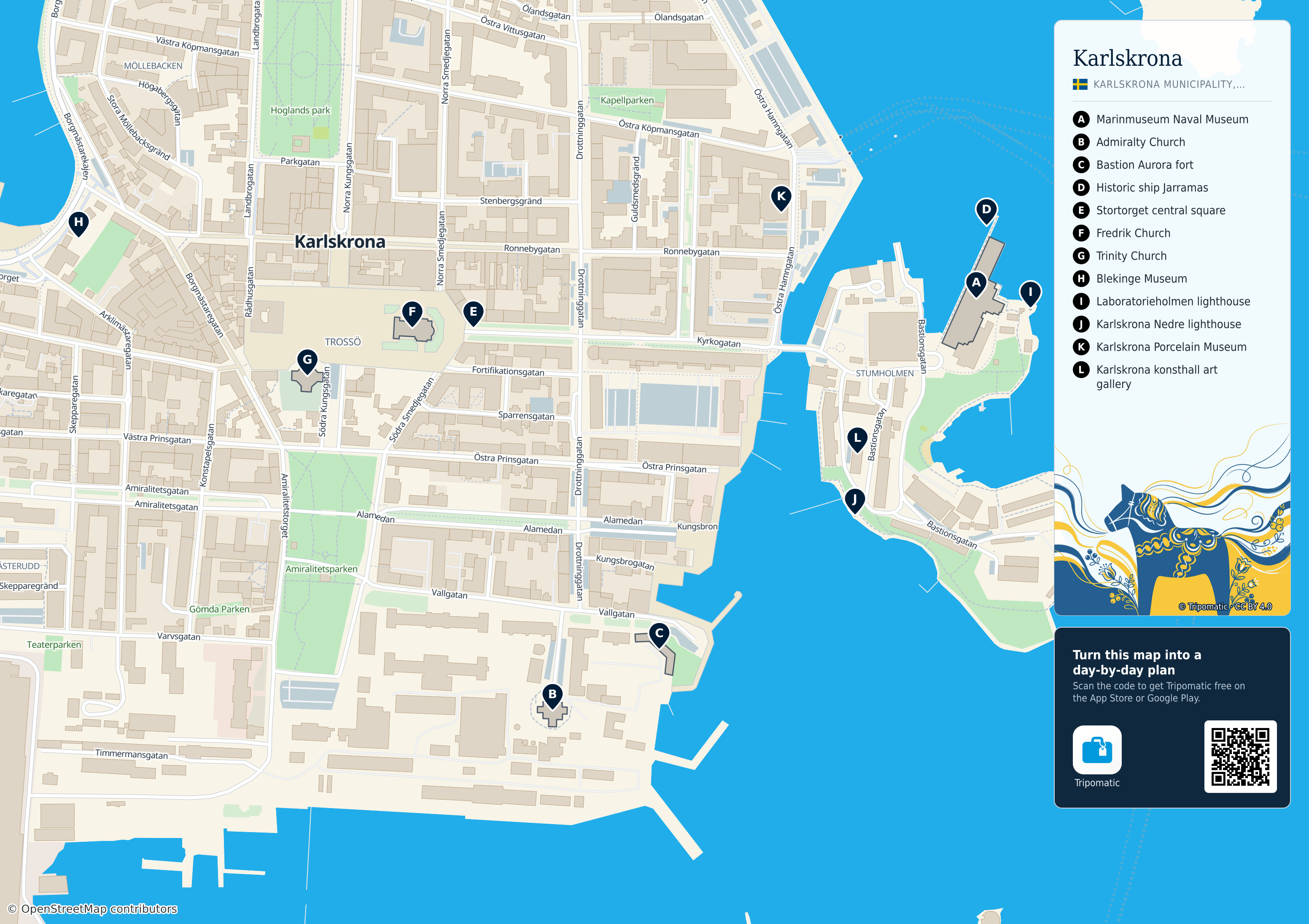 Karlskrona stadsdistrikt – printable tourist map with numbered top attractions