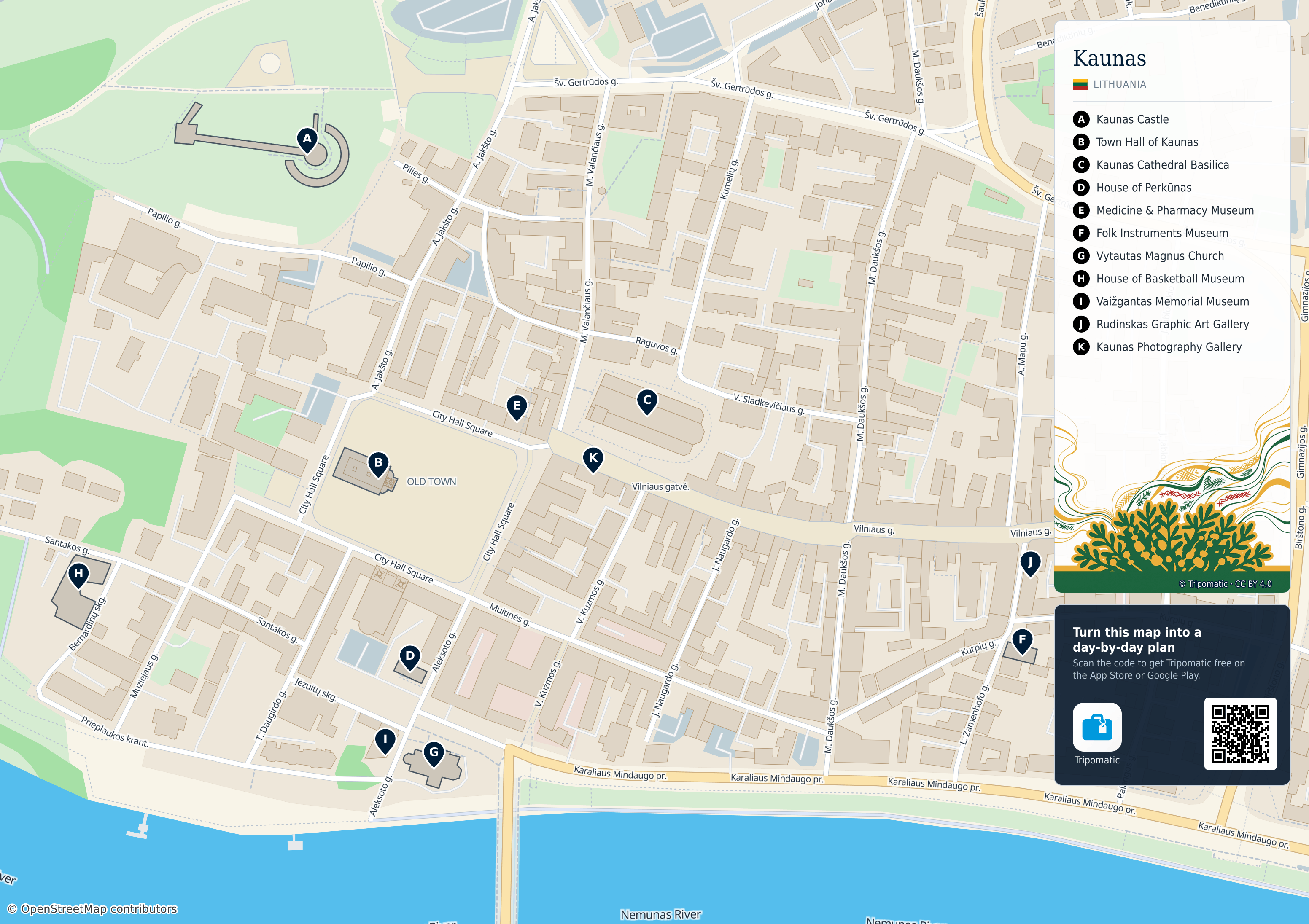 Kaunas – printable tourist map with numbered top attractions