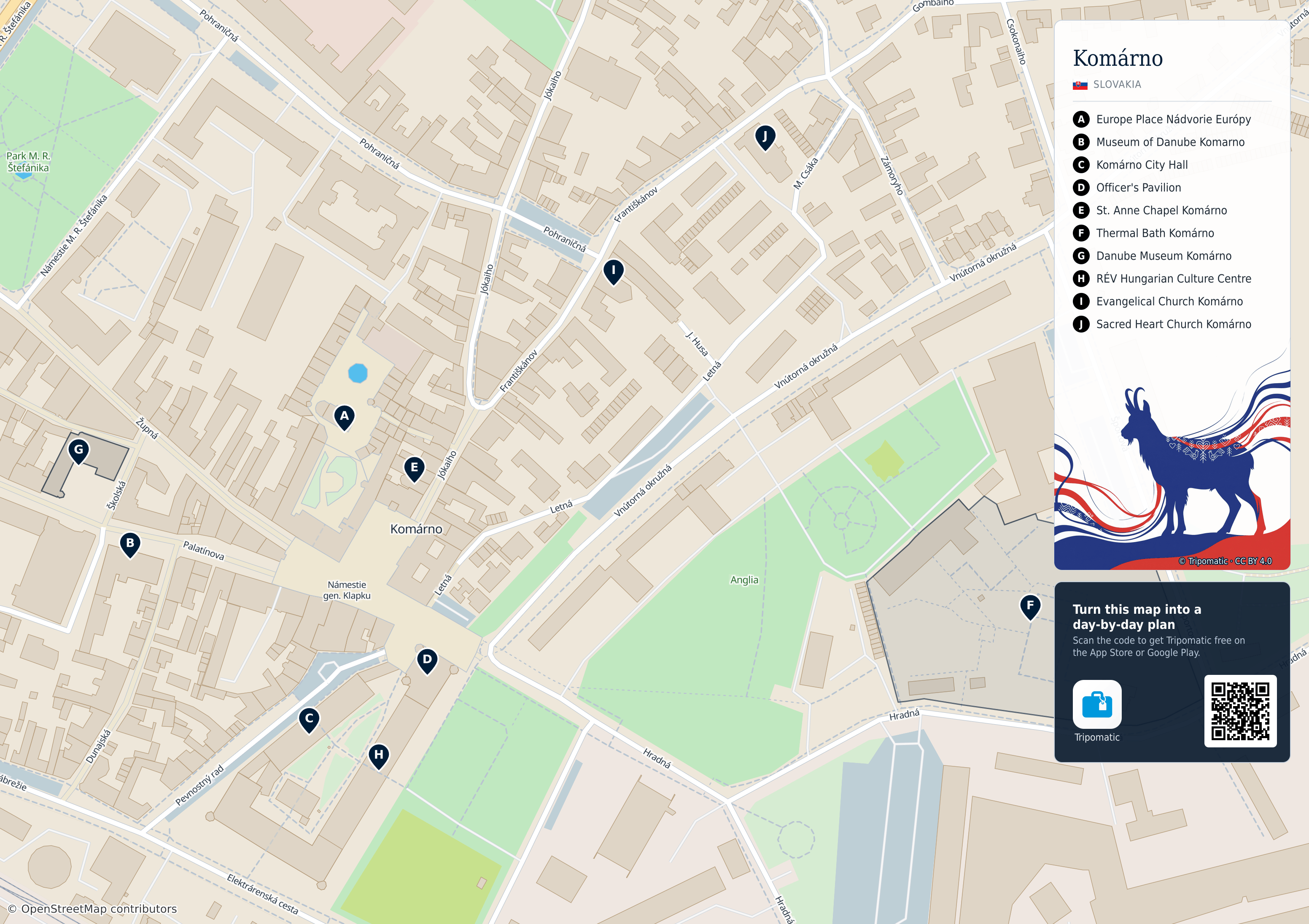 Komárno – printable tourist map with numbered top attractions