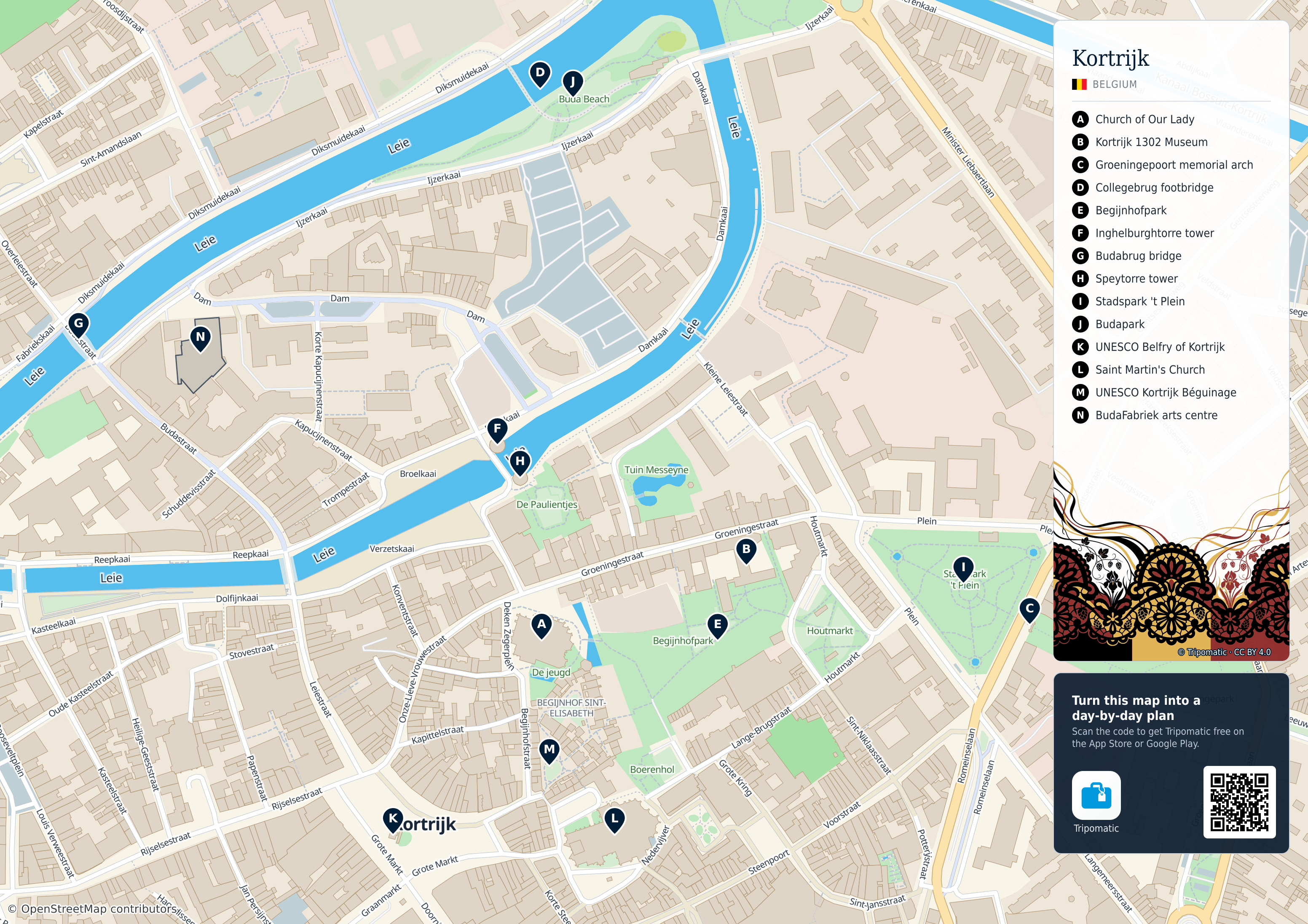 Kortrijk – printable tourist map with numbered top attractions