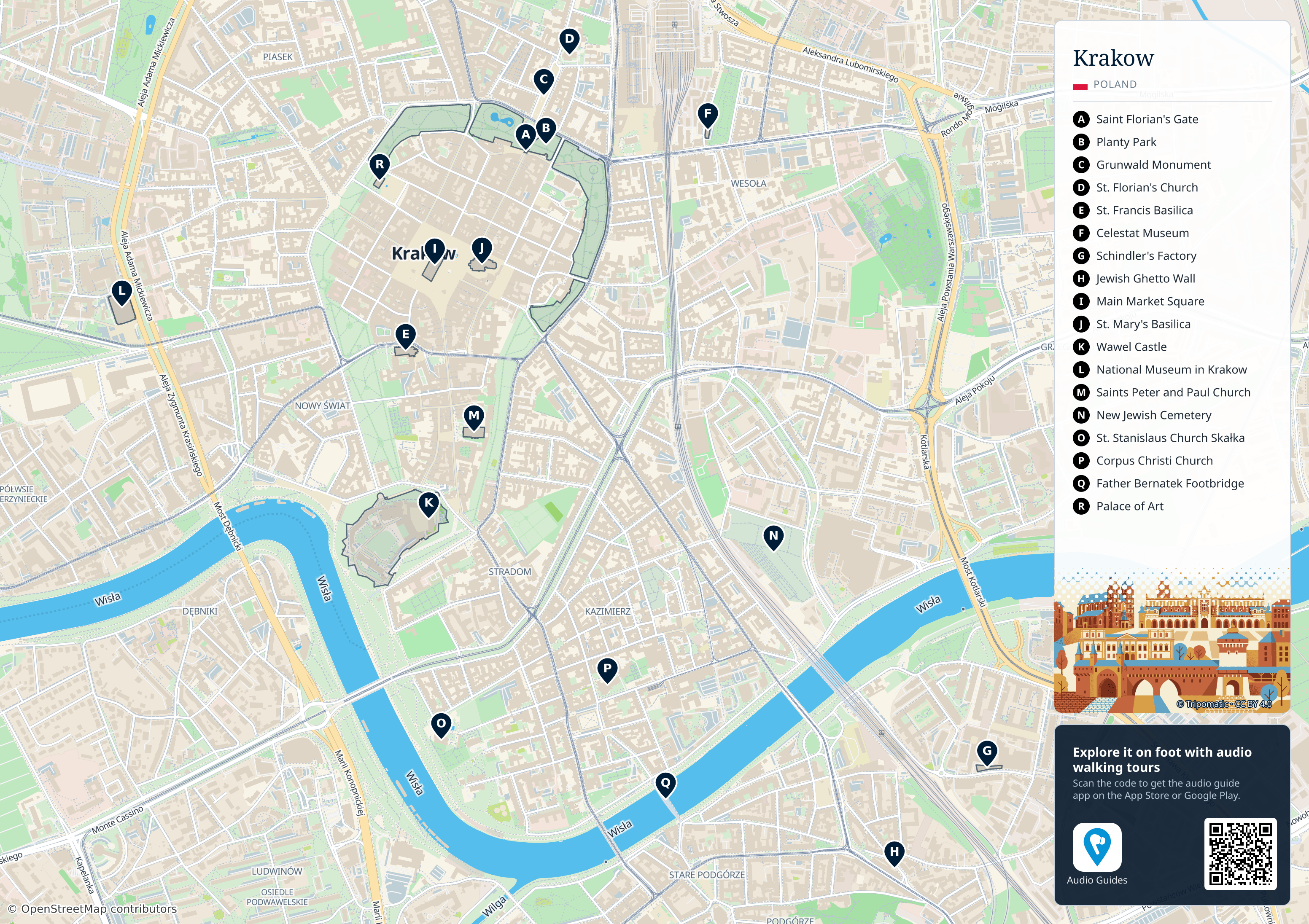 Krakow – printable tourist map with numbered top attractions
