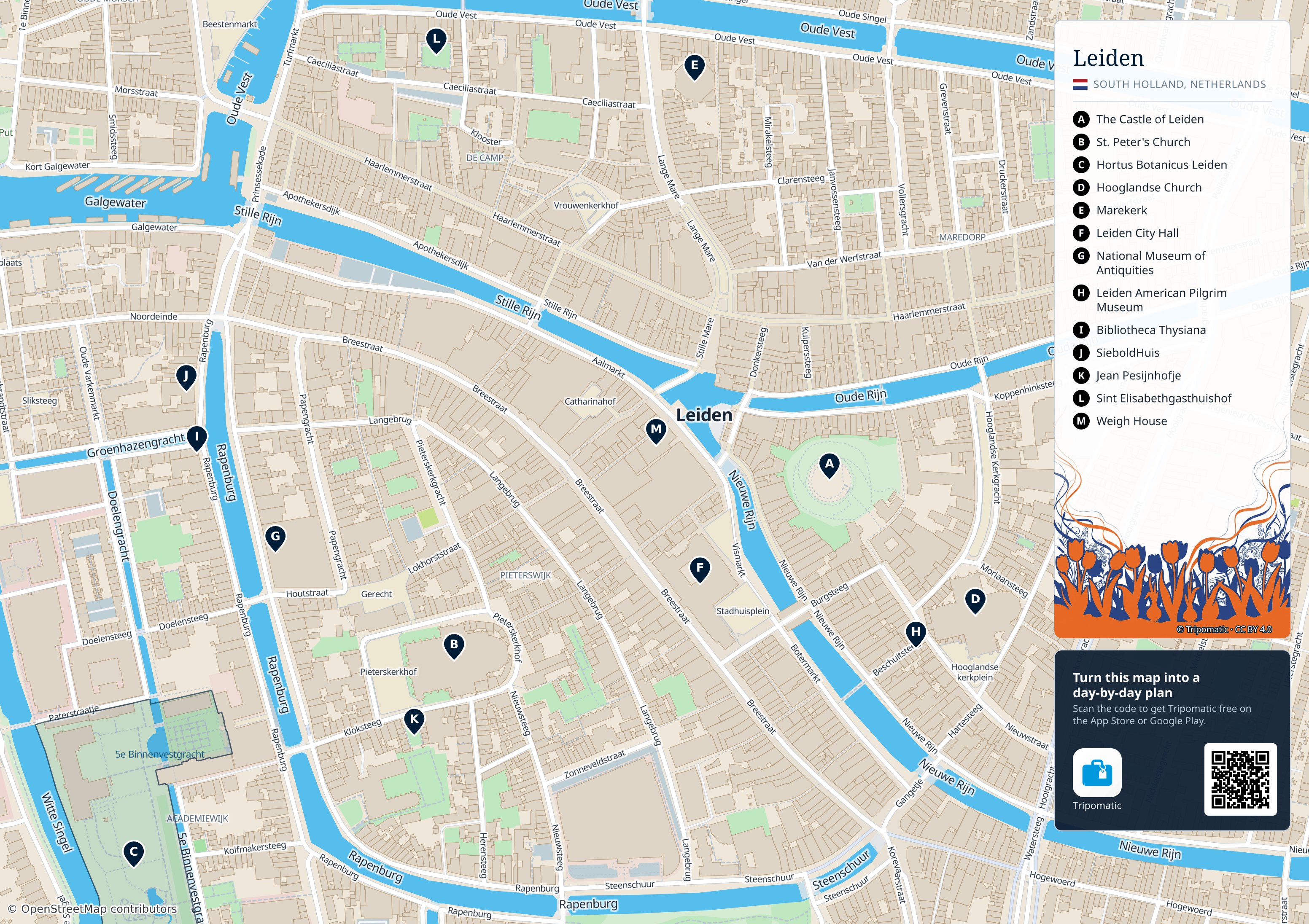 Leiden – printable tourist map with numbered top attractions
