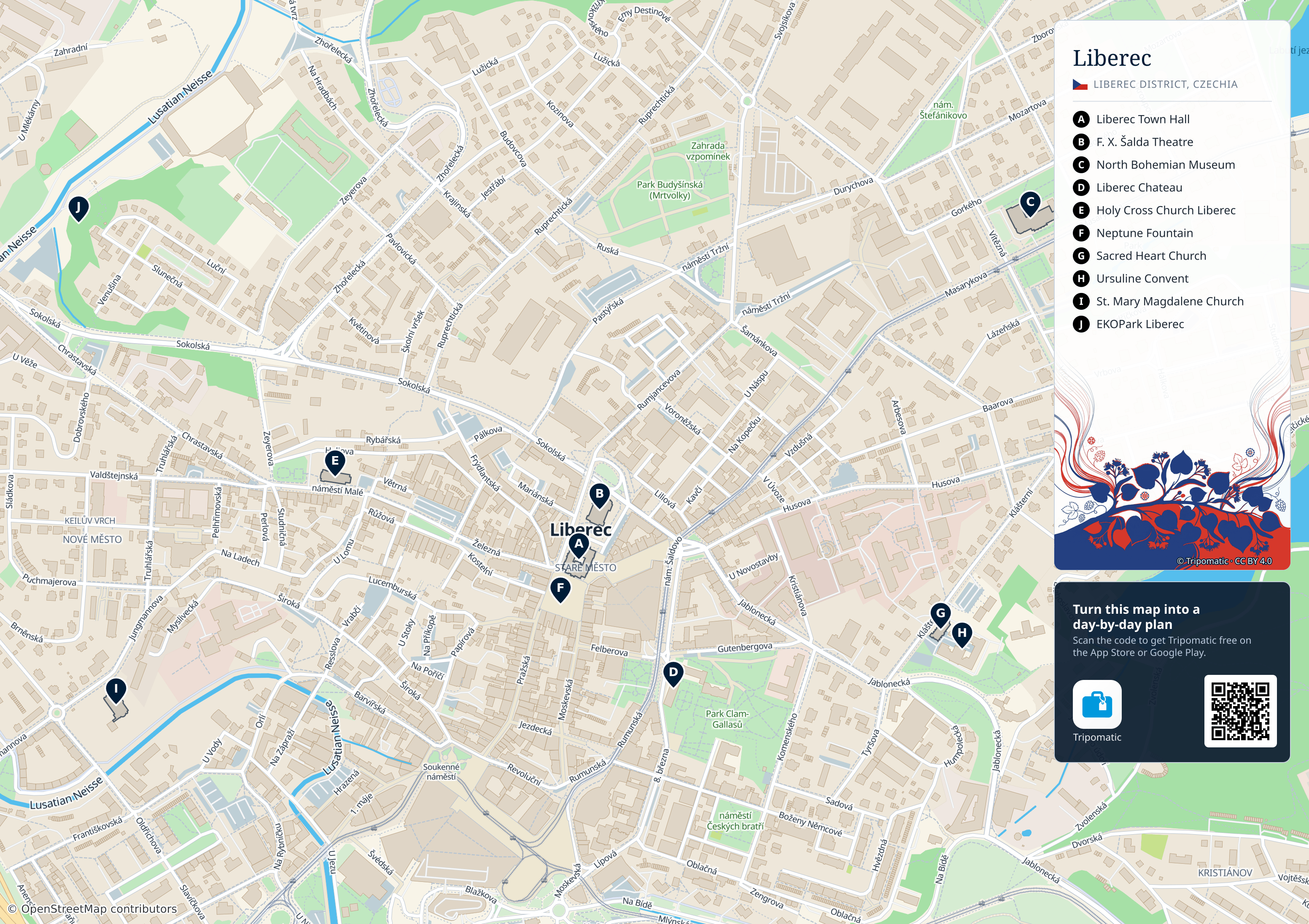 Liberec – printable tourist map with numbered top attractions