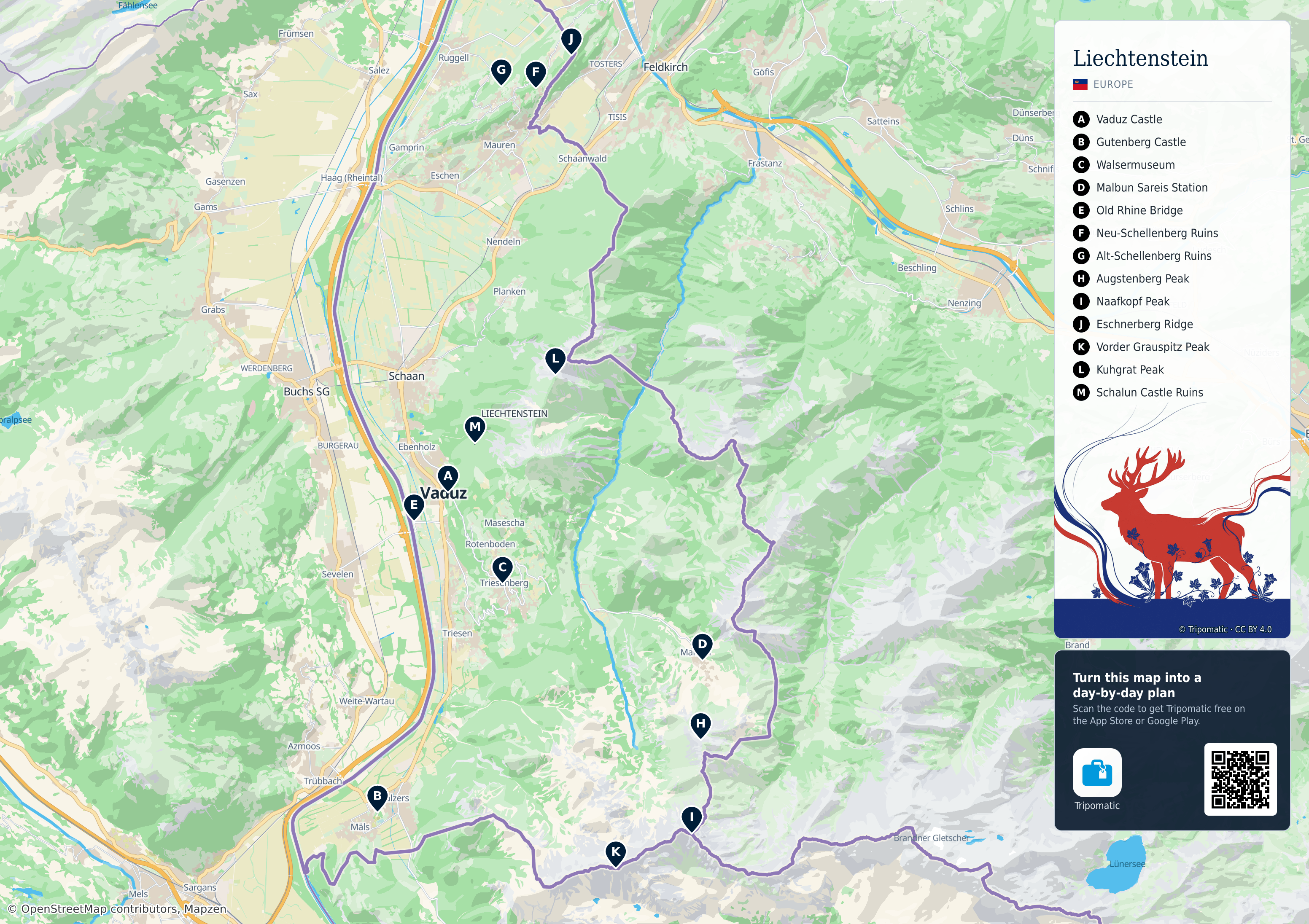 Liechtenstein – printable tourist map with numbered top attractions