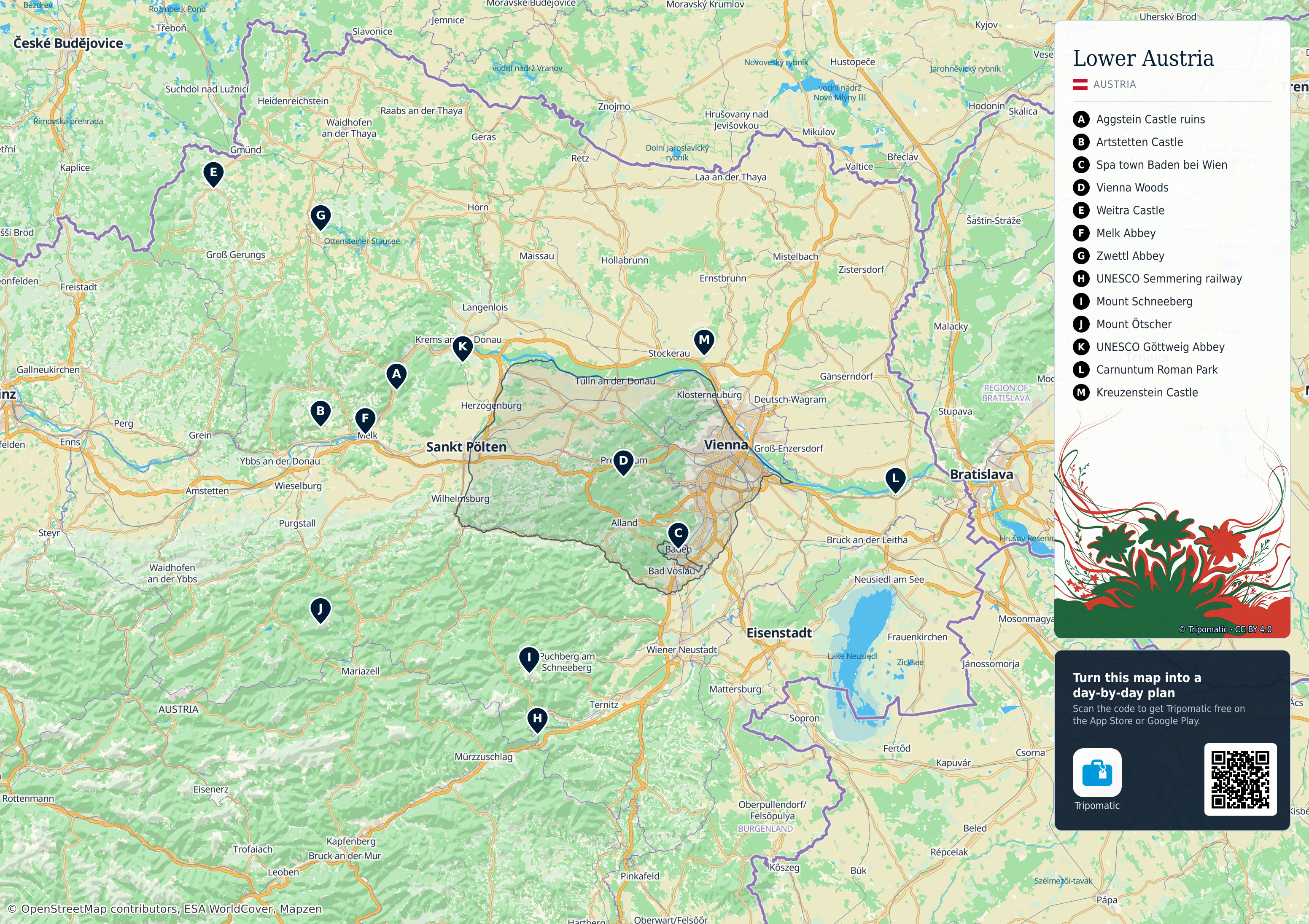 Lower Austria – printable tourist map with numbered top attractions