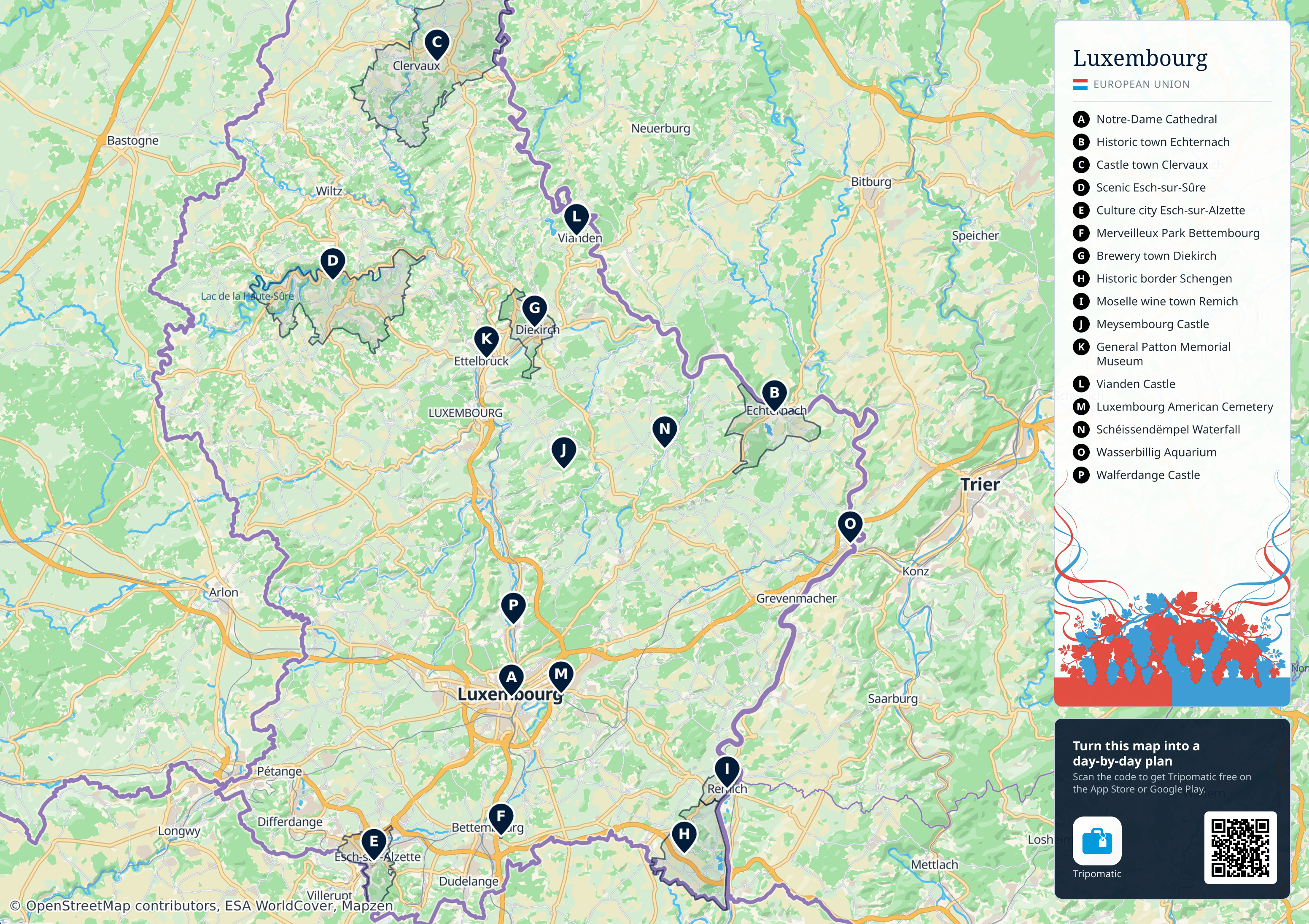 Luxembourg – printable tourist map with numbered top attractions