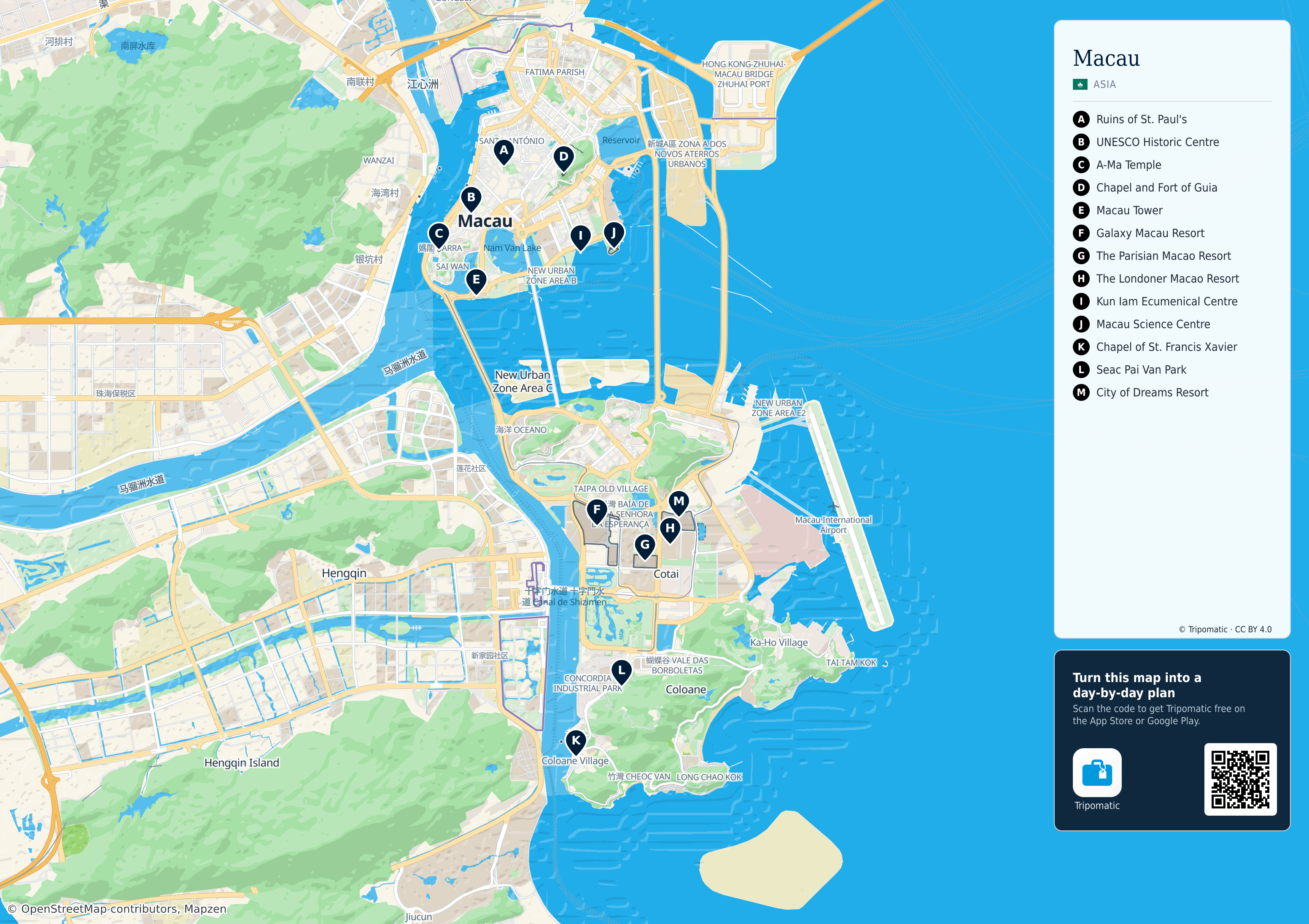Macau – printable tourist map with numbered top attractions
