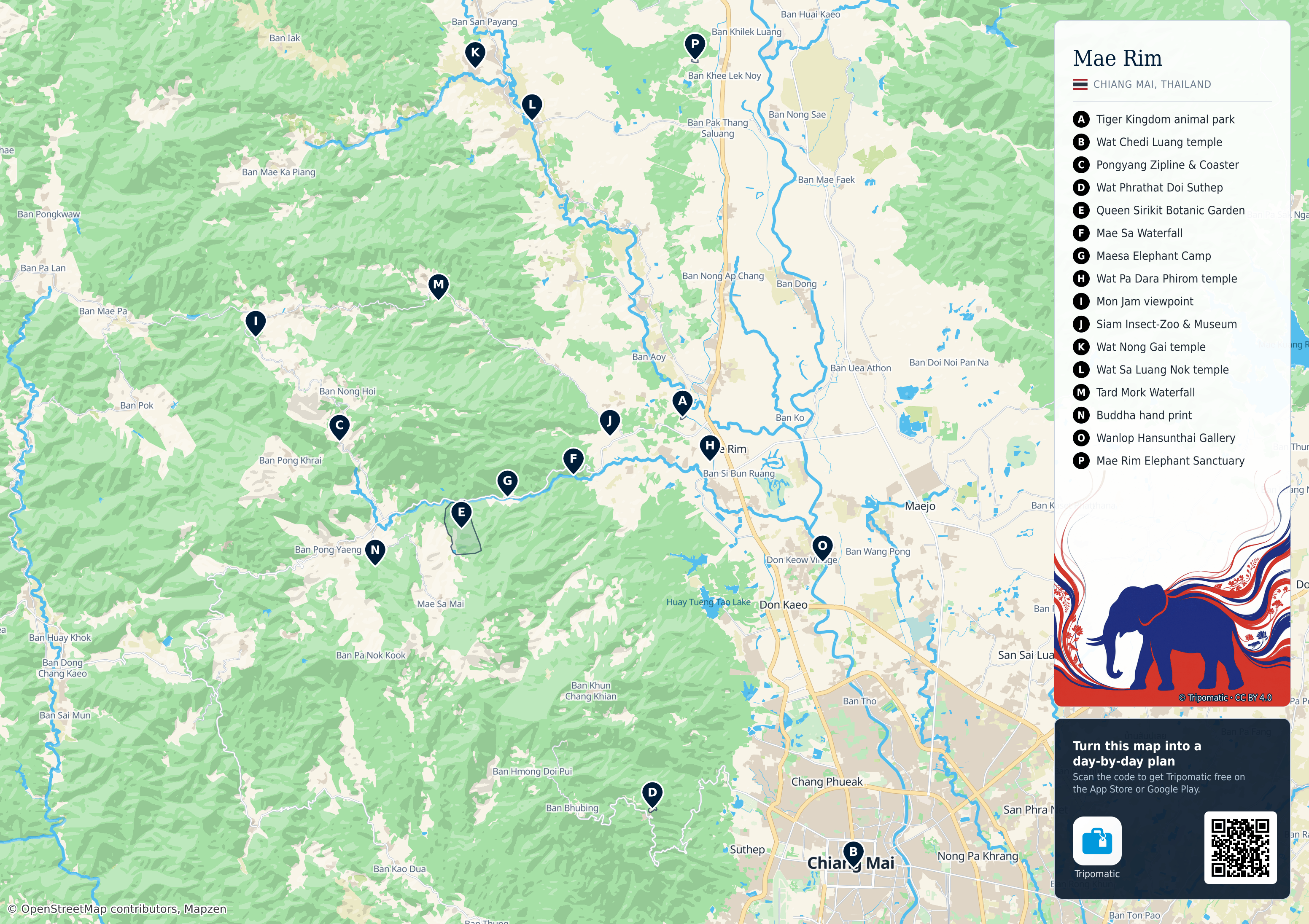 Mae Rim – printable tourist map with numbered top attractions