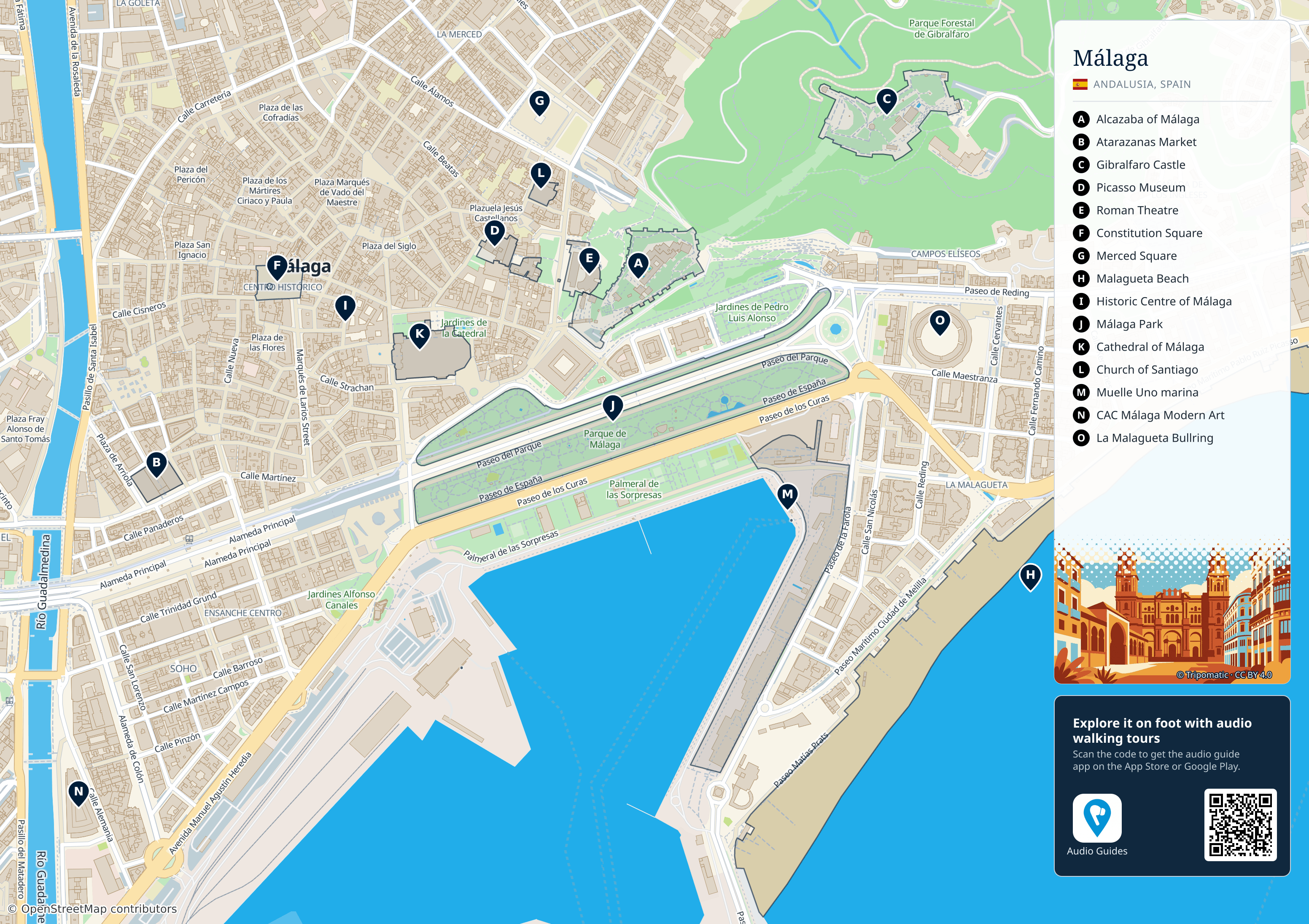 Málaga – printable tourist map with numbered top attractions