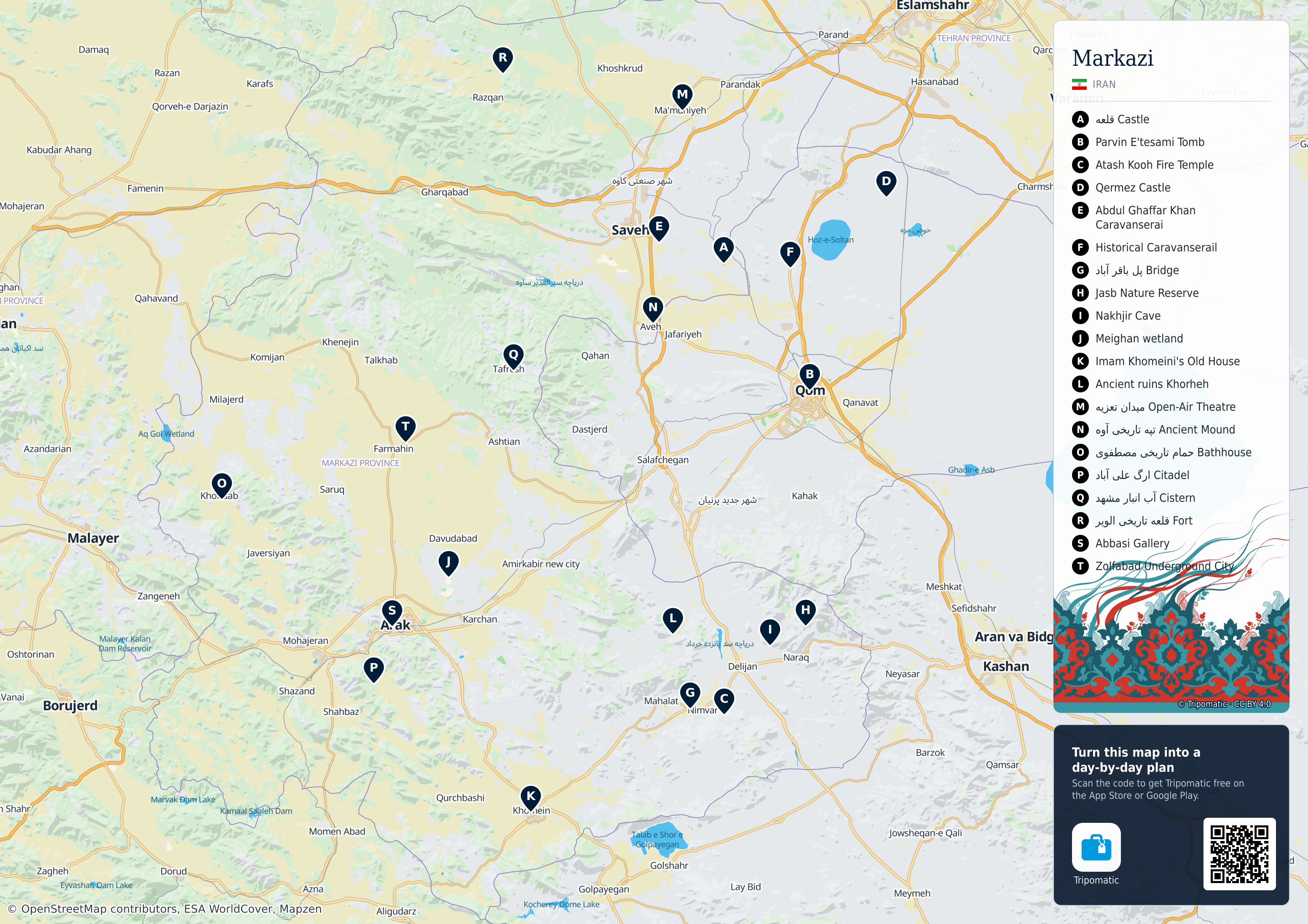 Markazi Province – printable tourist map with numbered top attractions