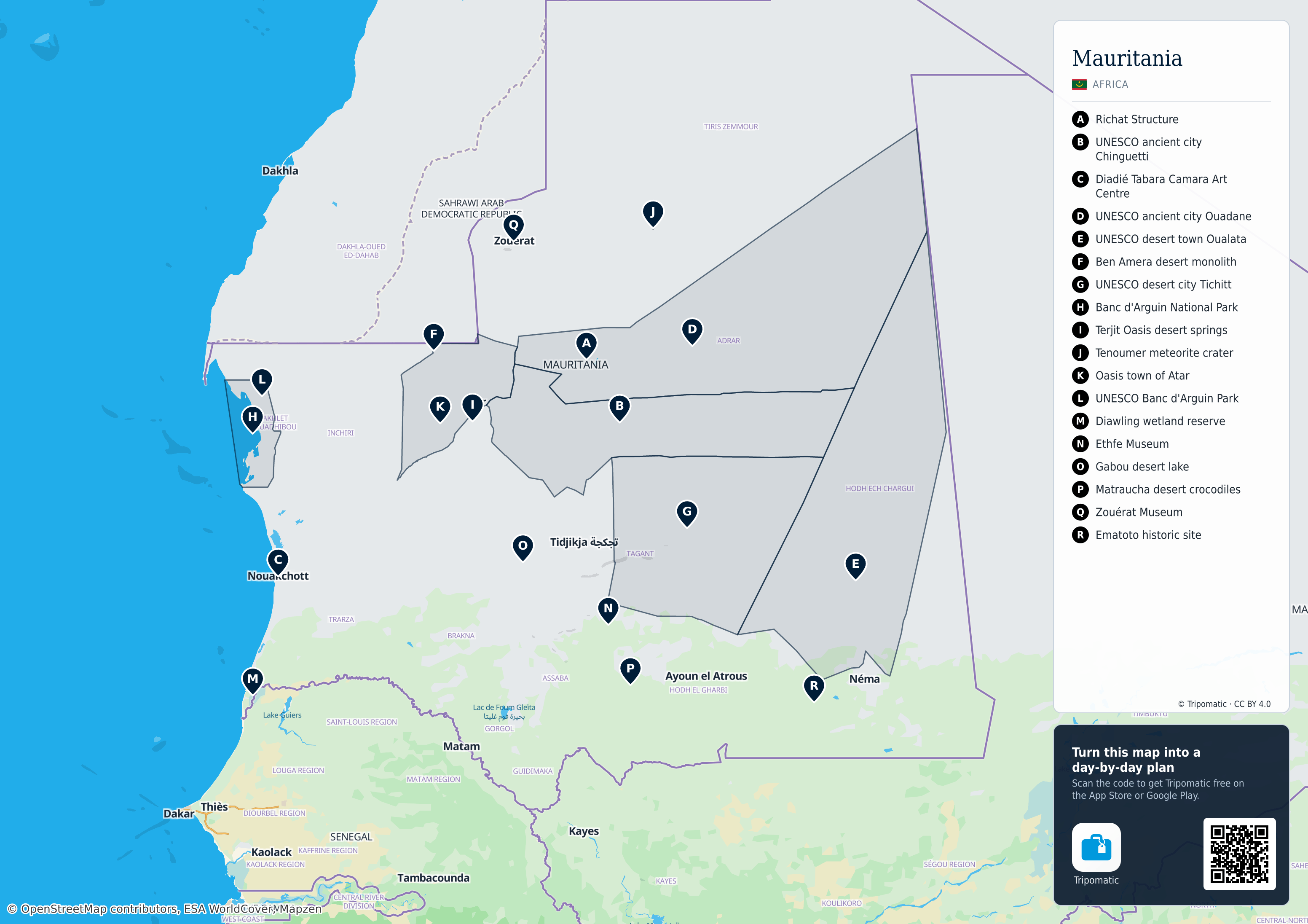 Mauritania – printable tourist map with numbered top attractions