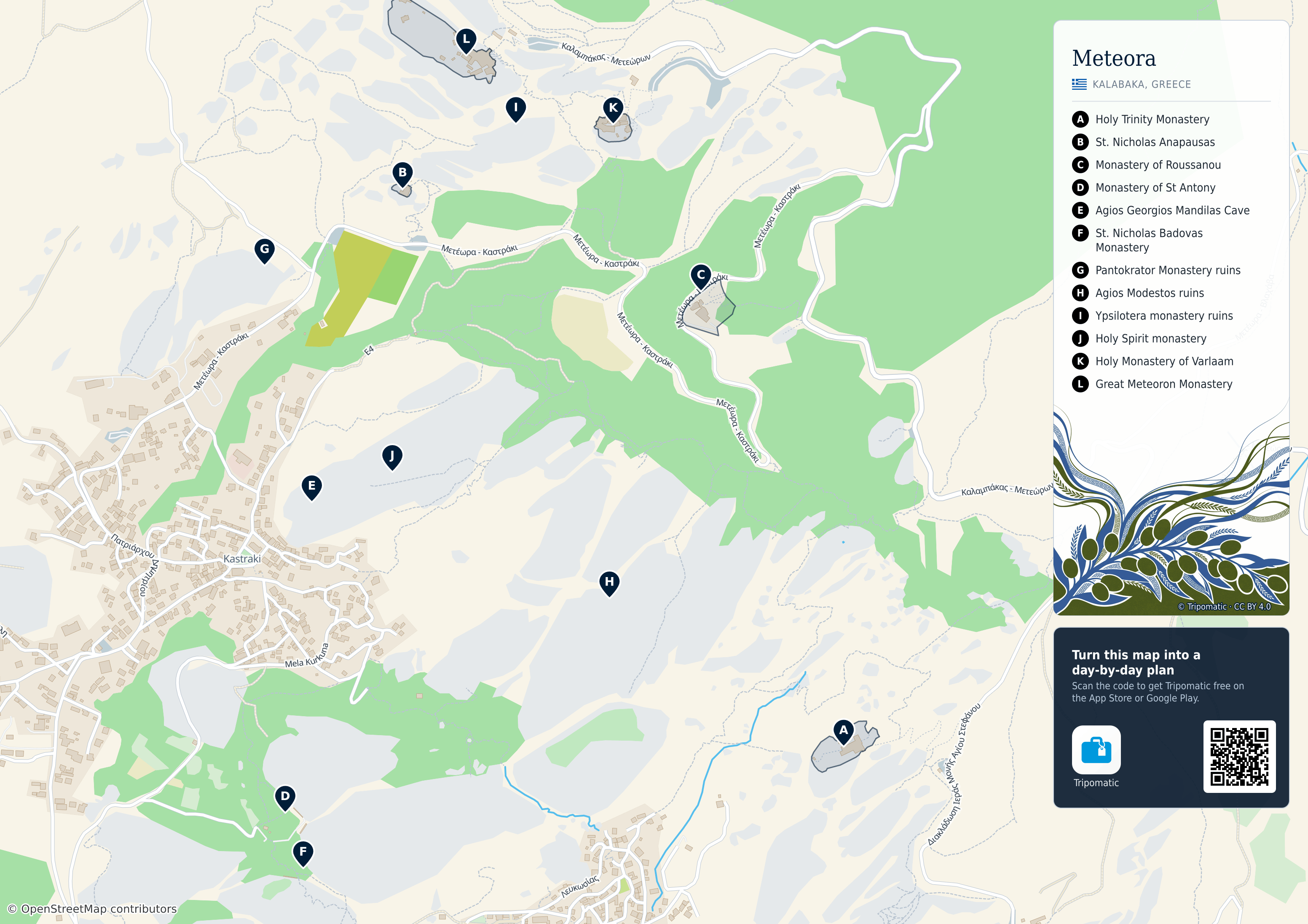 Meteora – printable tourist map with numbered top attractions