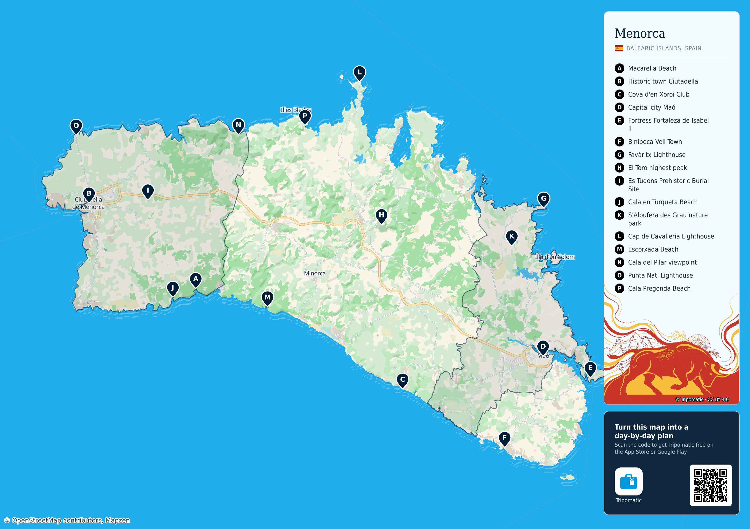 Menorca – printable tourist map with numbered top attractions