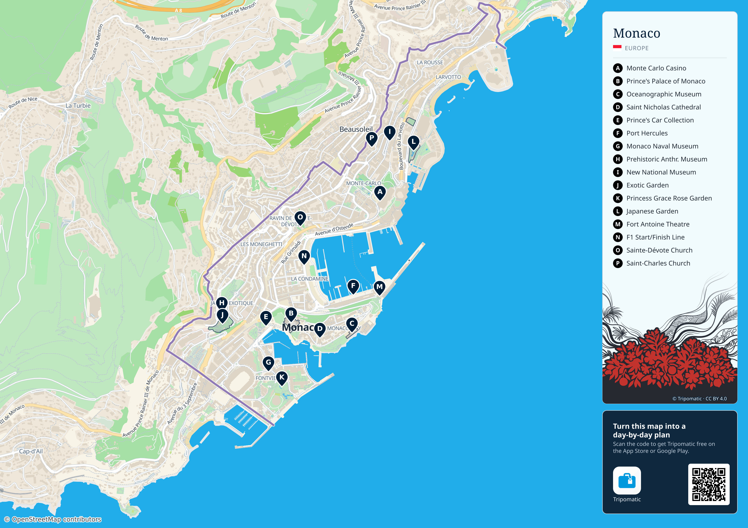 Monaco – printable tourist map with numbered top attractions