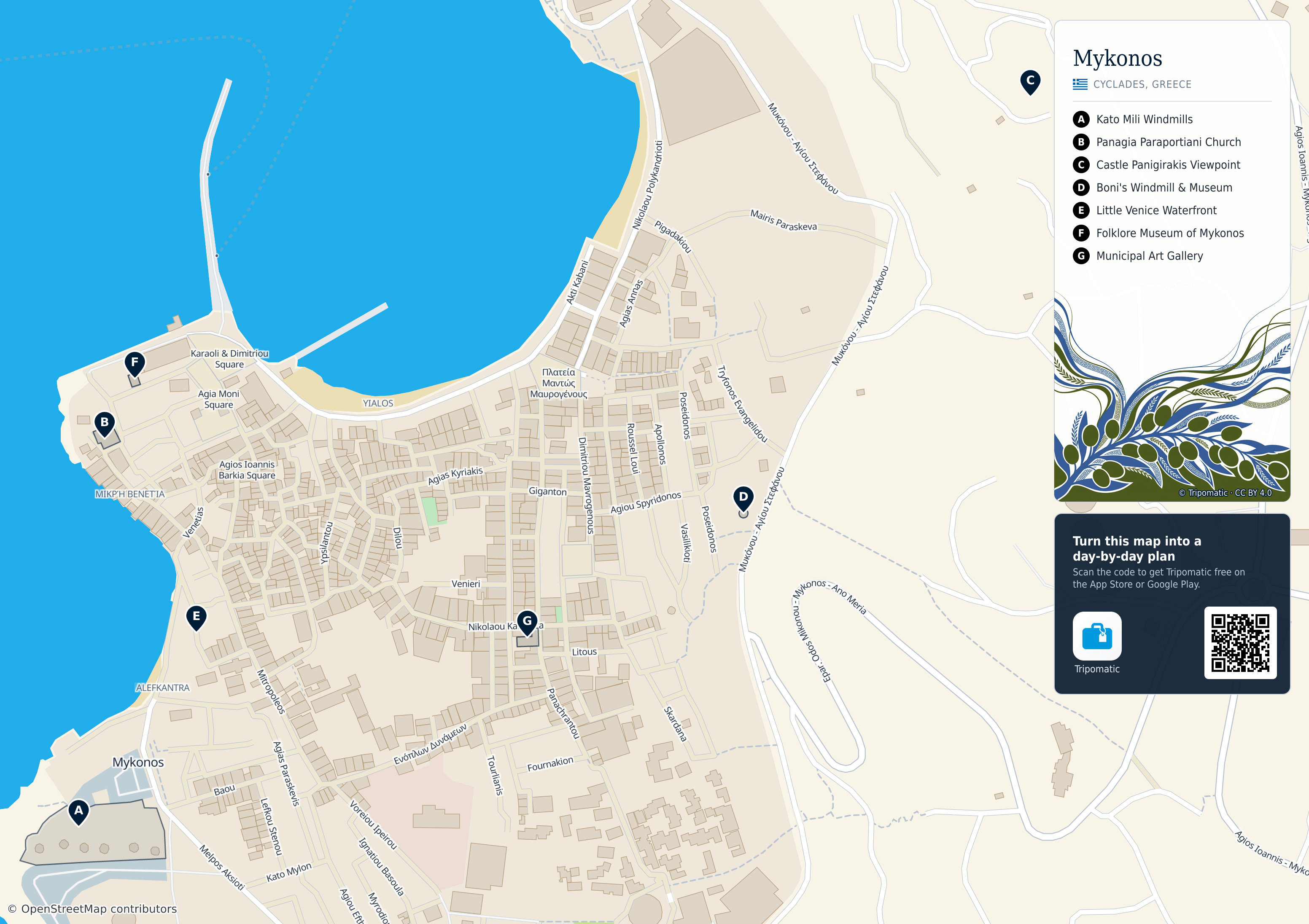 Mykonos – printable tourist map with numbered top attractions