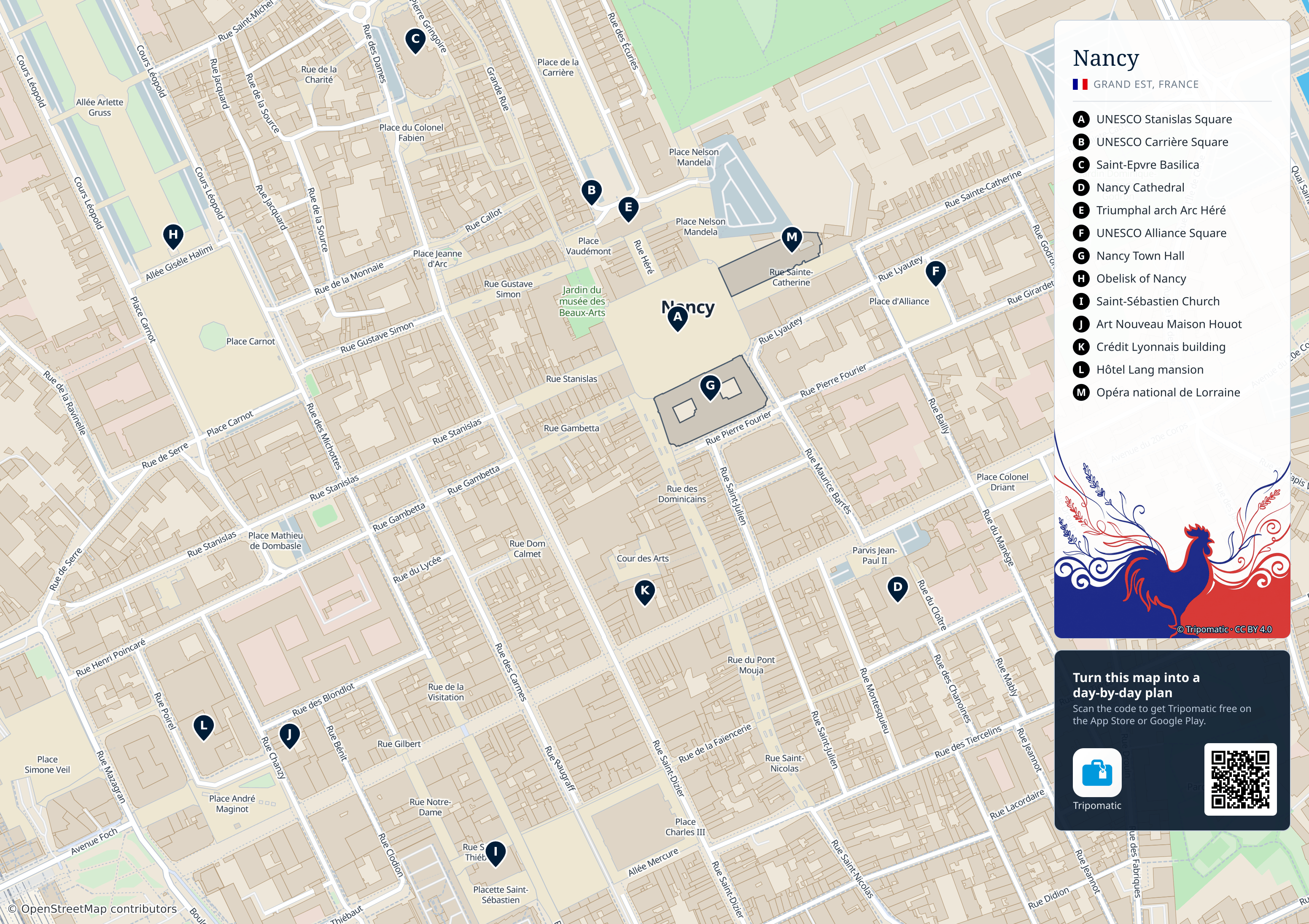 Nancy – printable tourist map with numbered top attractions