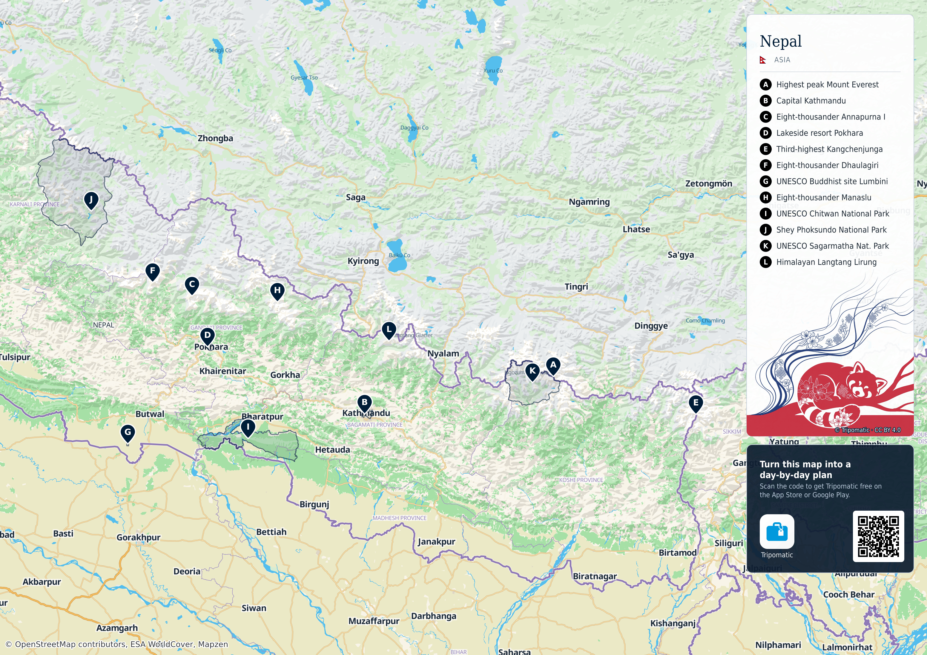 Nepal – printable tourist map with numbered top attractions