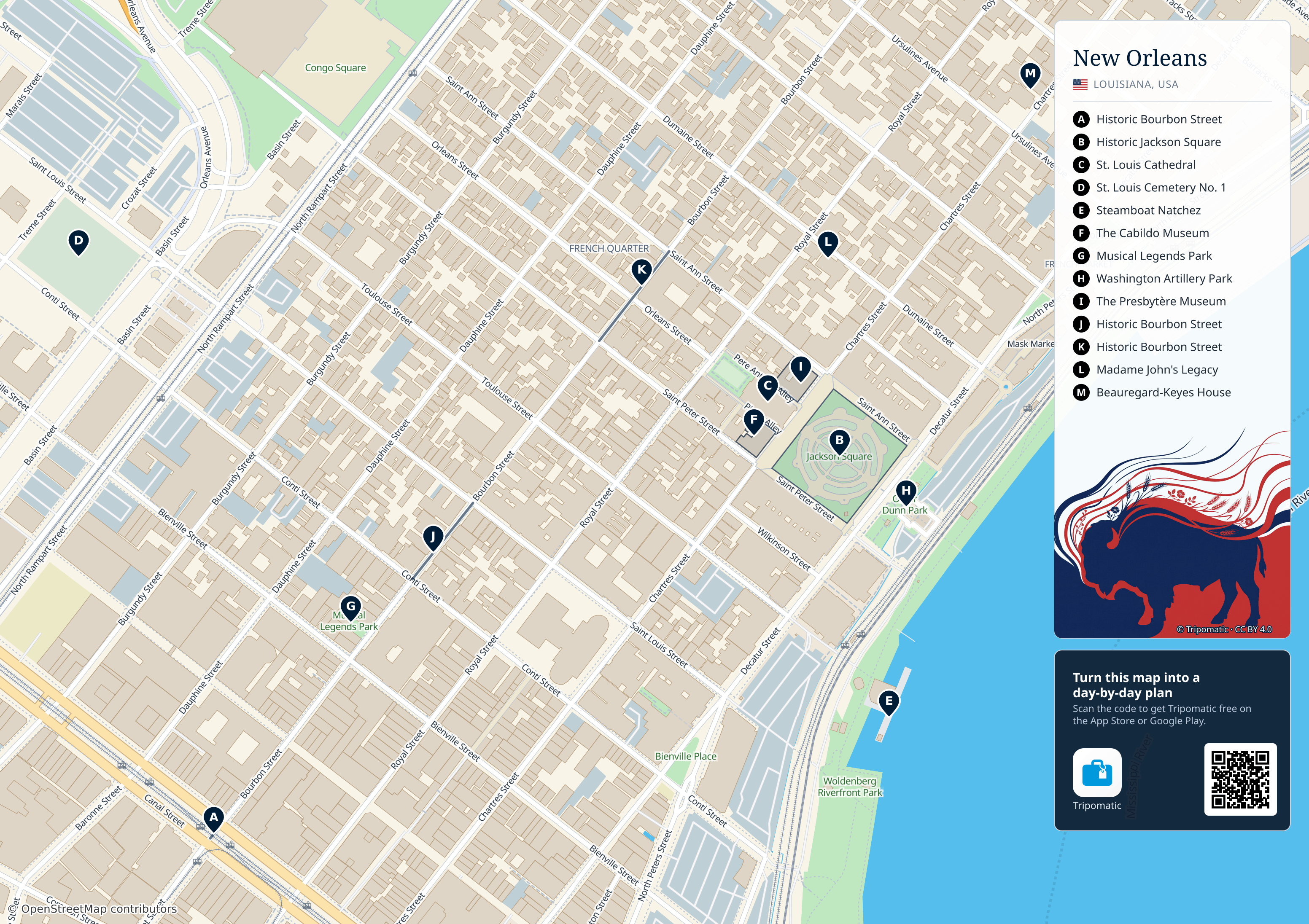 New Orleans – printable tourist map with numbered top attractions