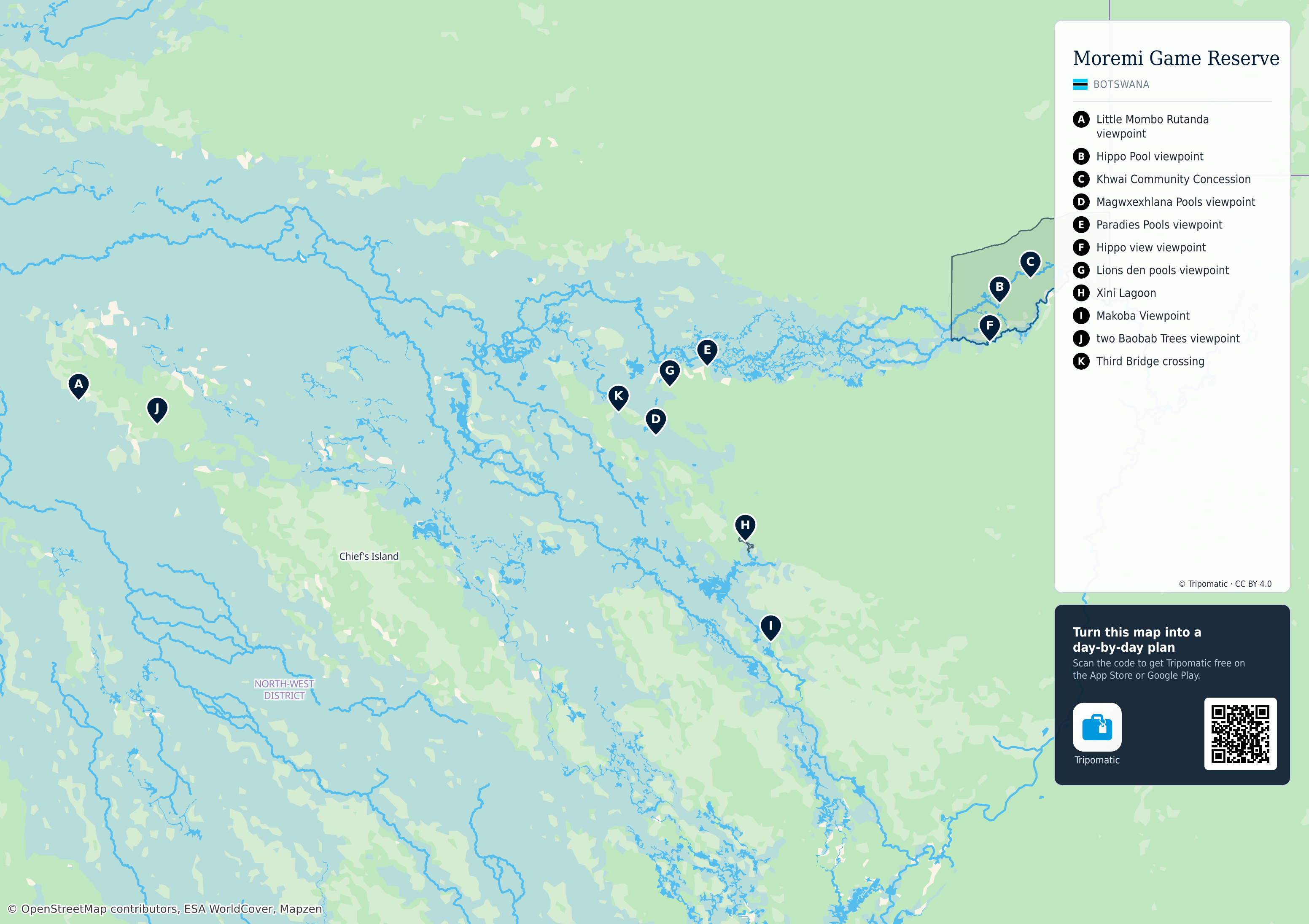 Moremi Game Reserve – printable tourist map with numbered top attractions