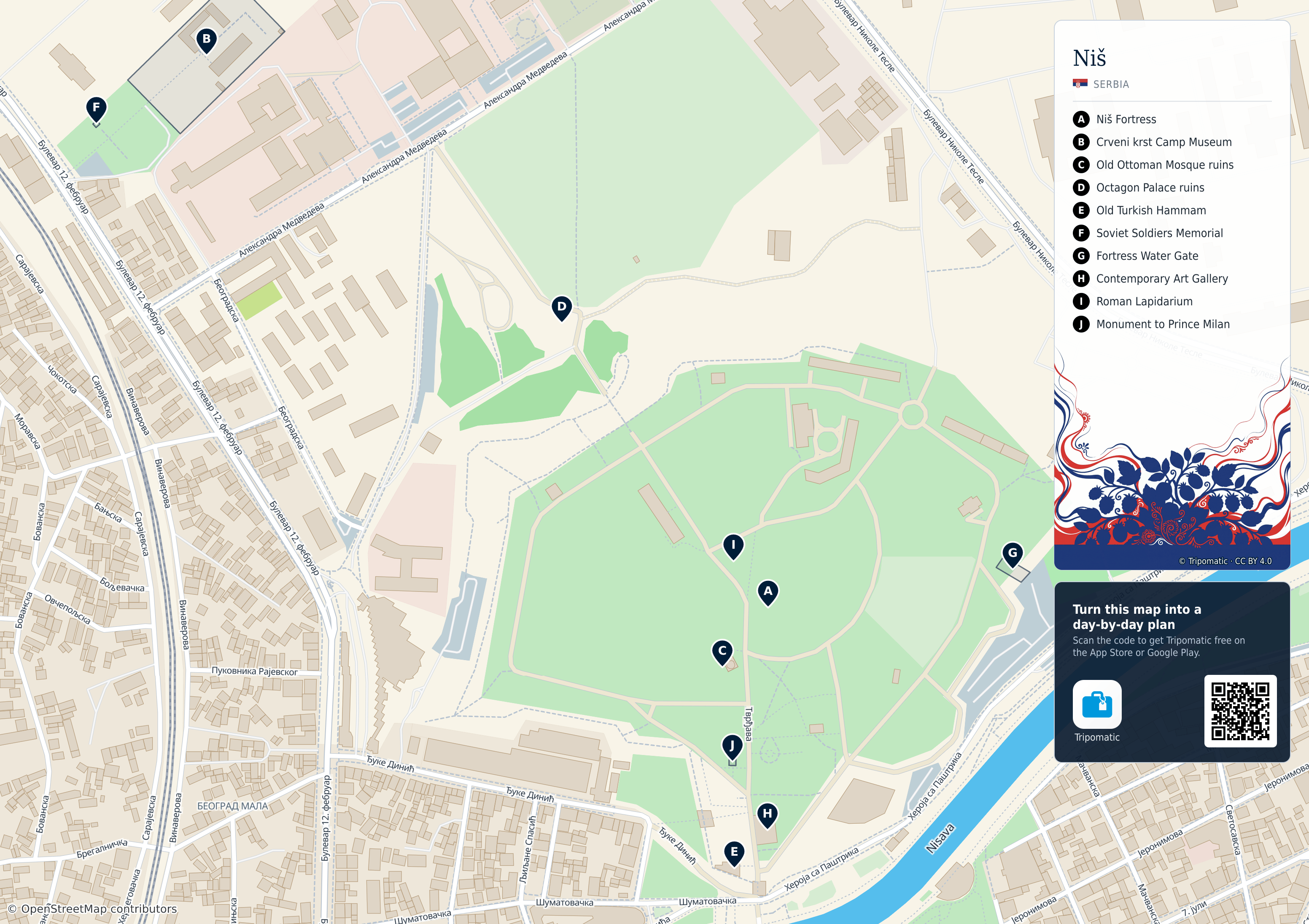 Niš – printable tourist map with numbered top attractions
