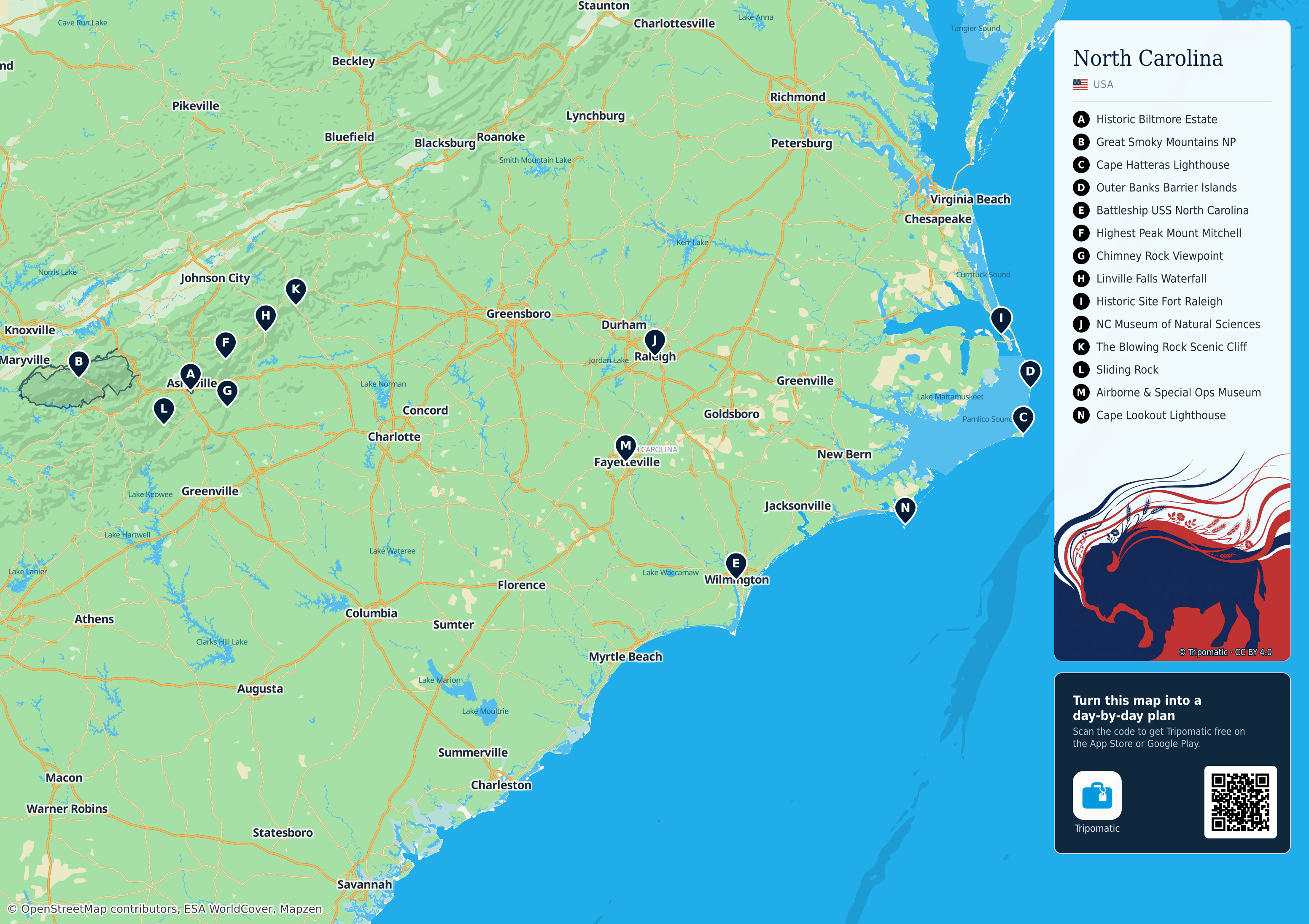 North Carolina – printable tourist map with numbered top attractions