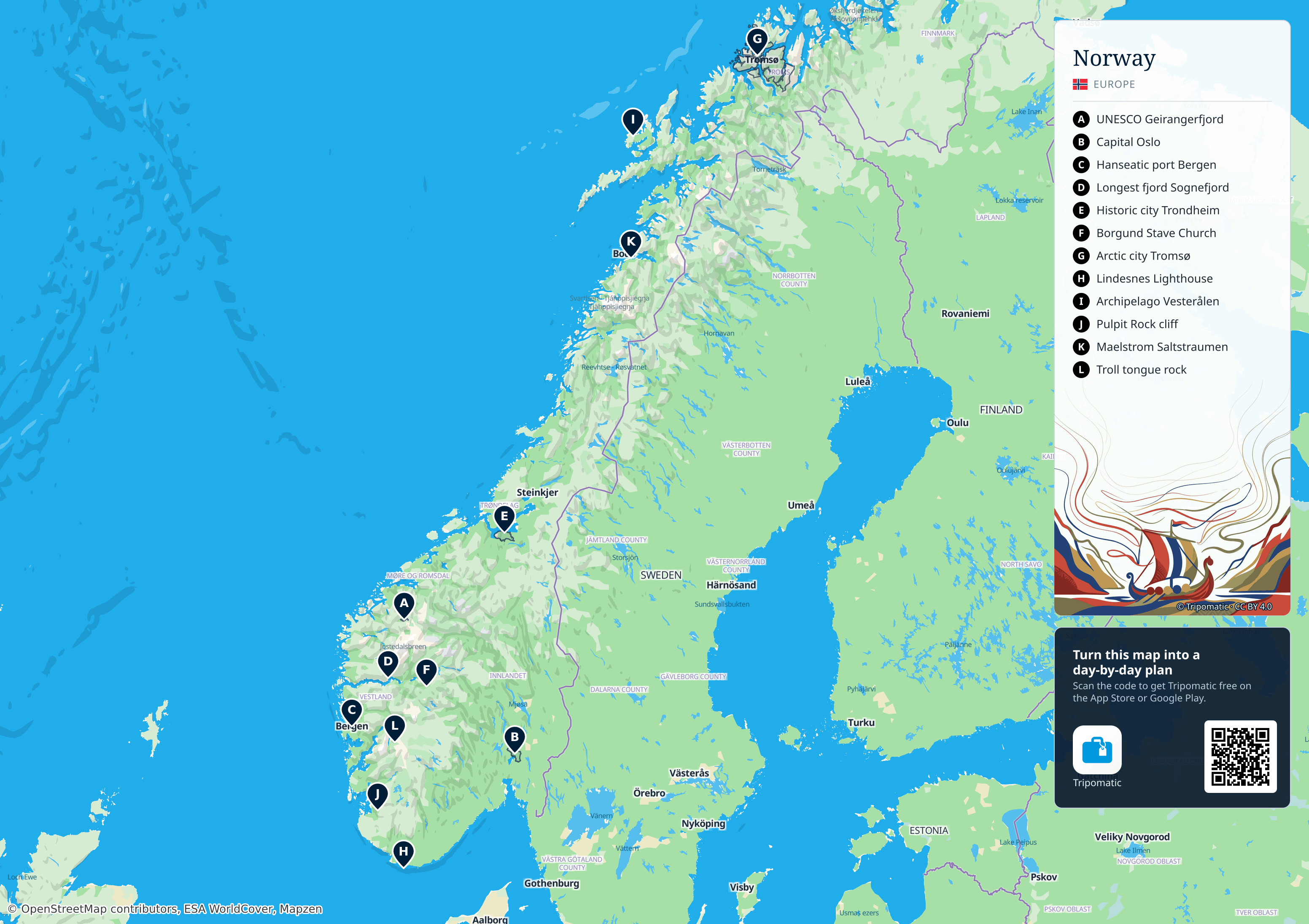 Norway – printable tourist map with numbered top attractions