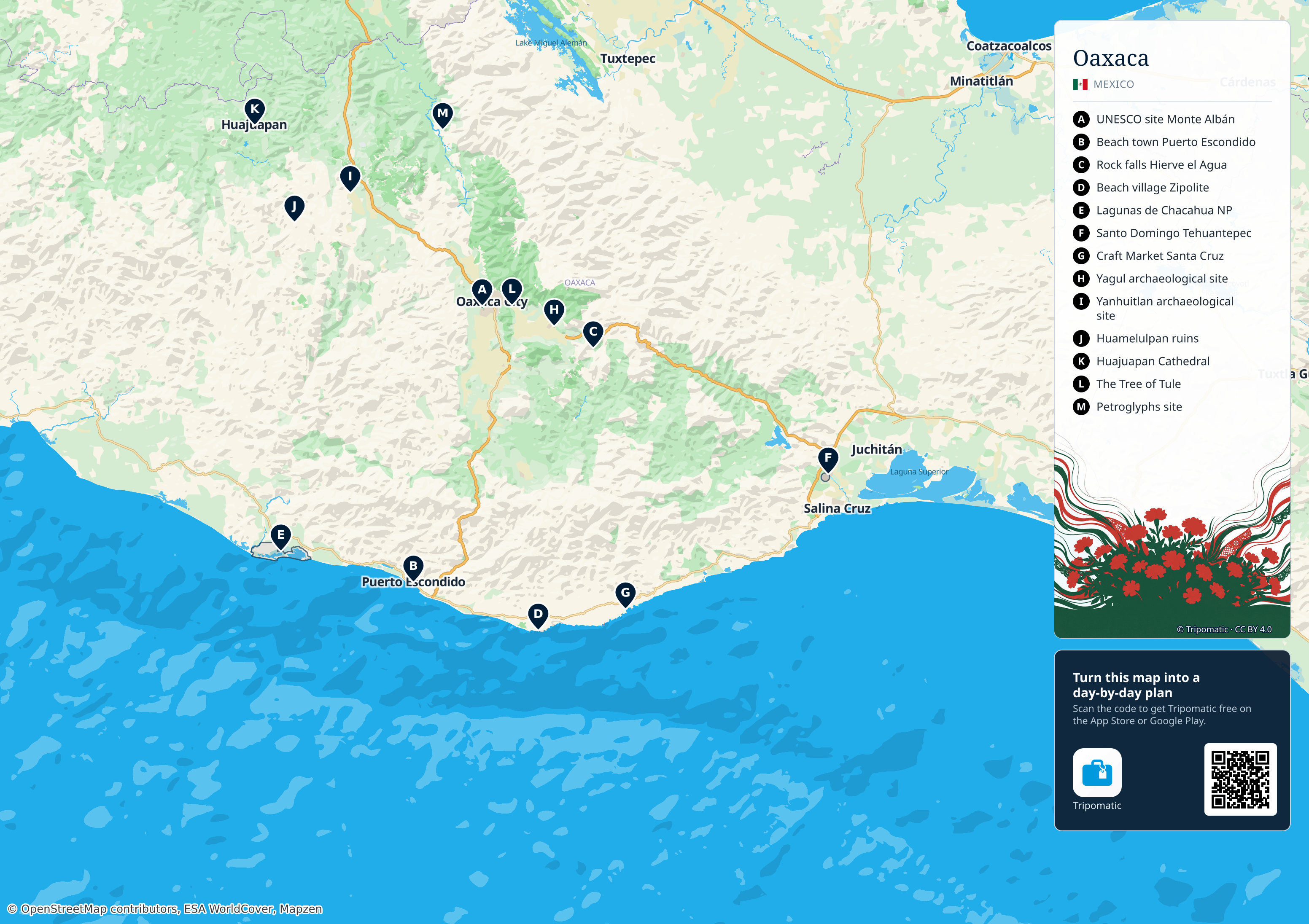 Oaxaca – printable tourist map with numbered top attractions