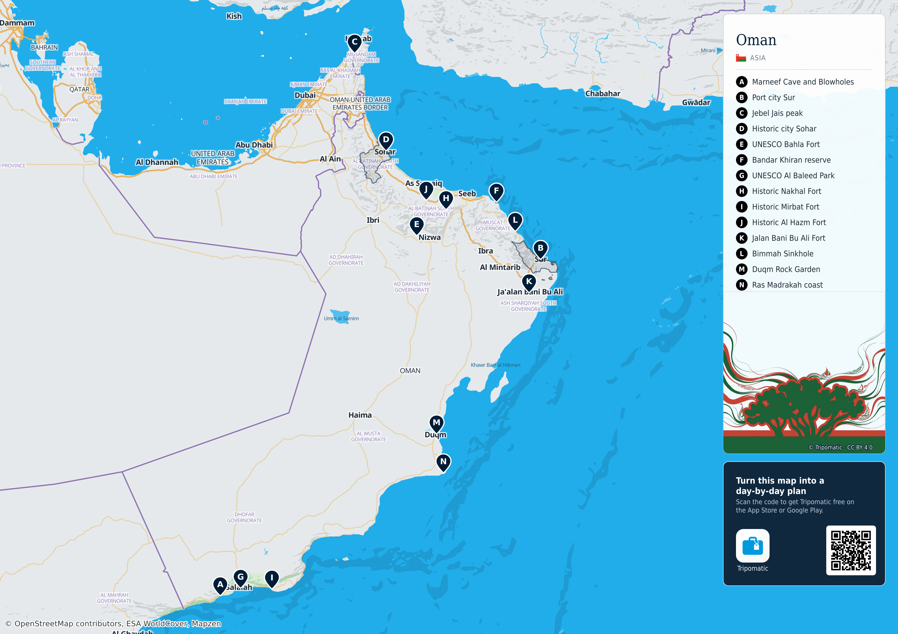 Oman – printable tourist map with numbered top attractions
