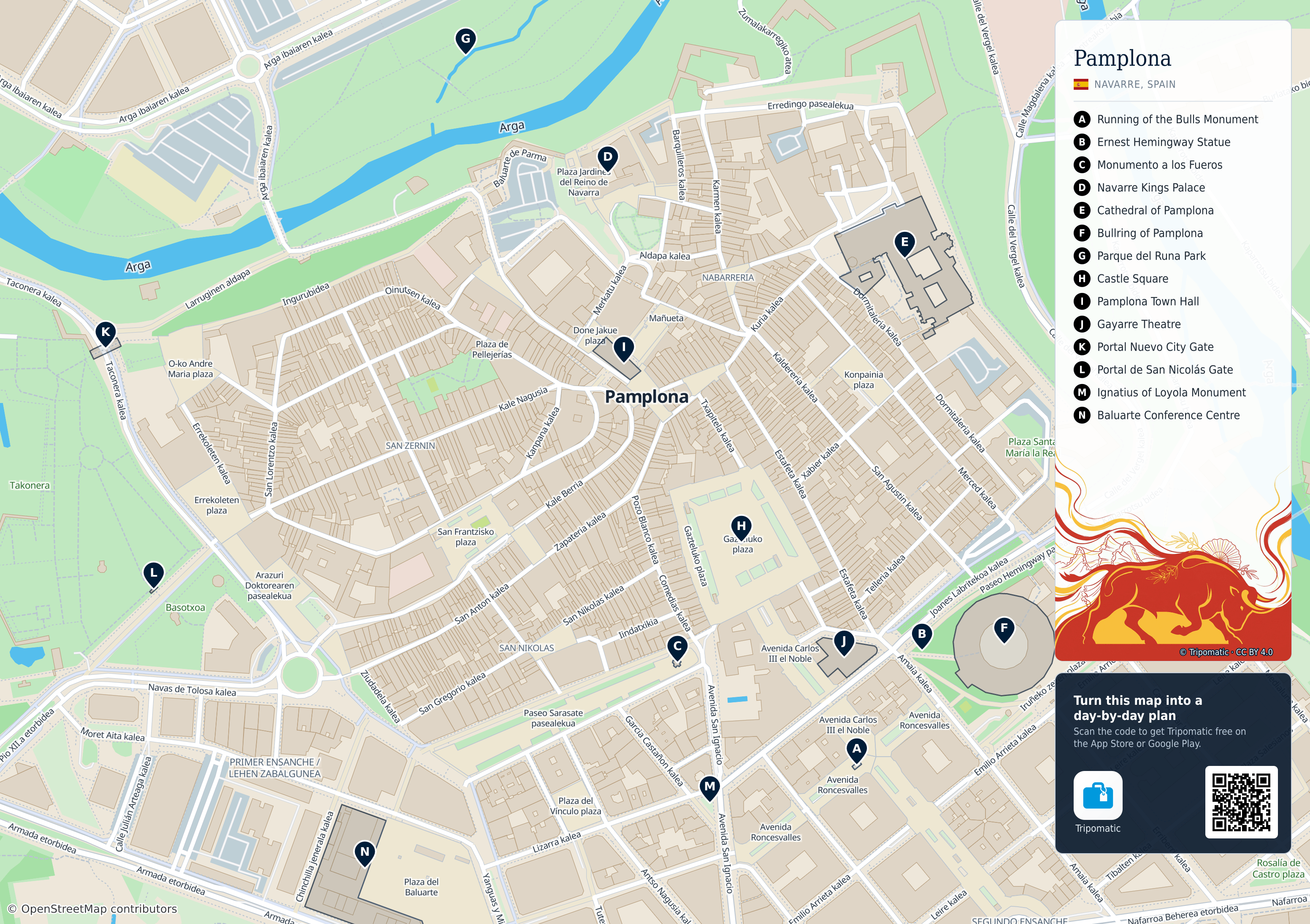 Pamplona/Iruña – printable tourist map with numbered top attractions