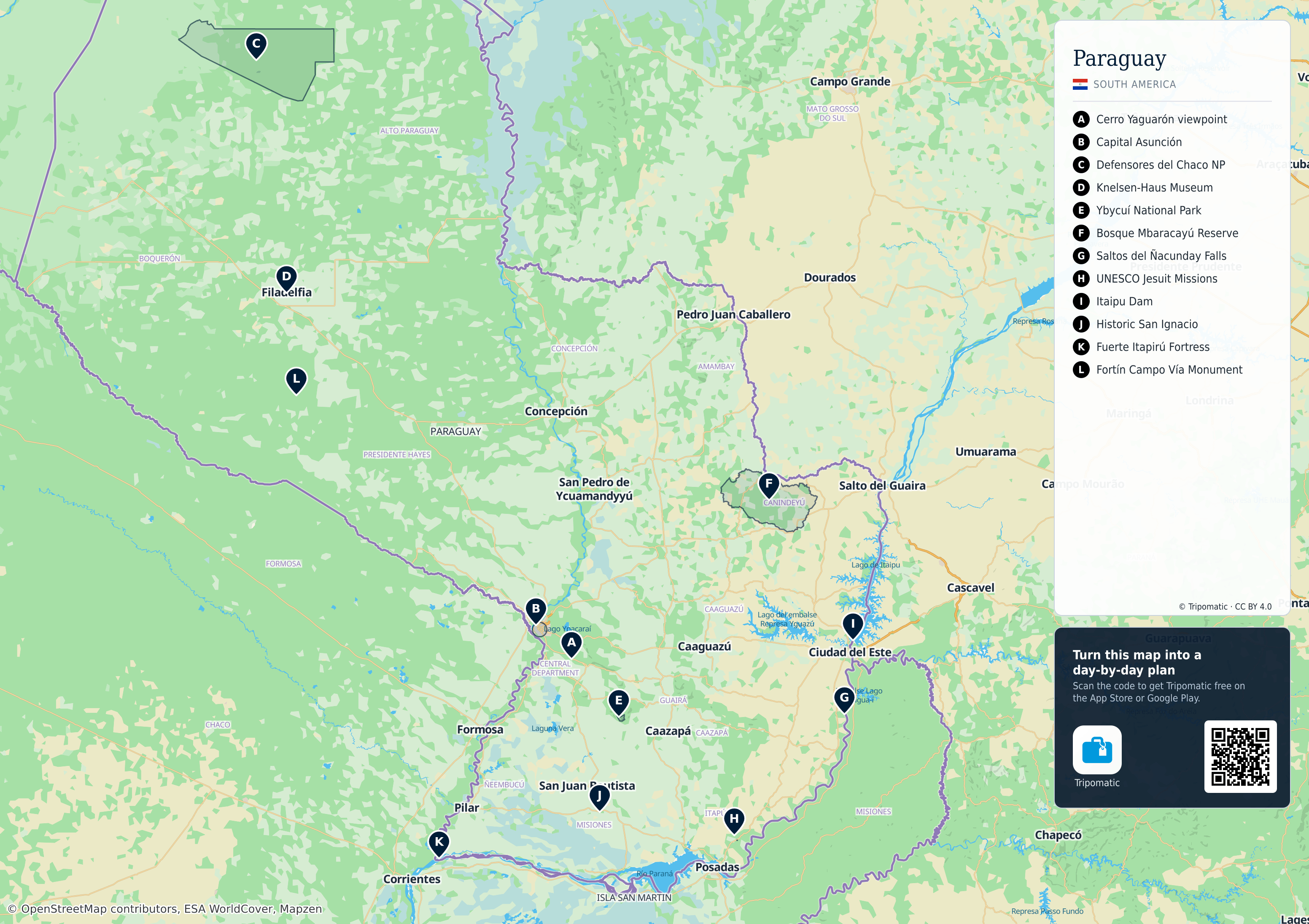 Paraguay – printable tourist map with numbered top attractions